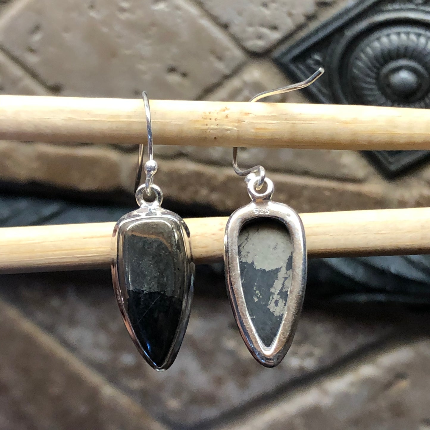 Natural Pyrite in Magnetite 925 Solid Sterling Silver Earrings 30mm - Natural Rocks by Kala