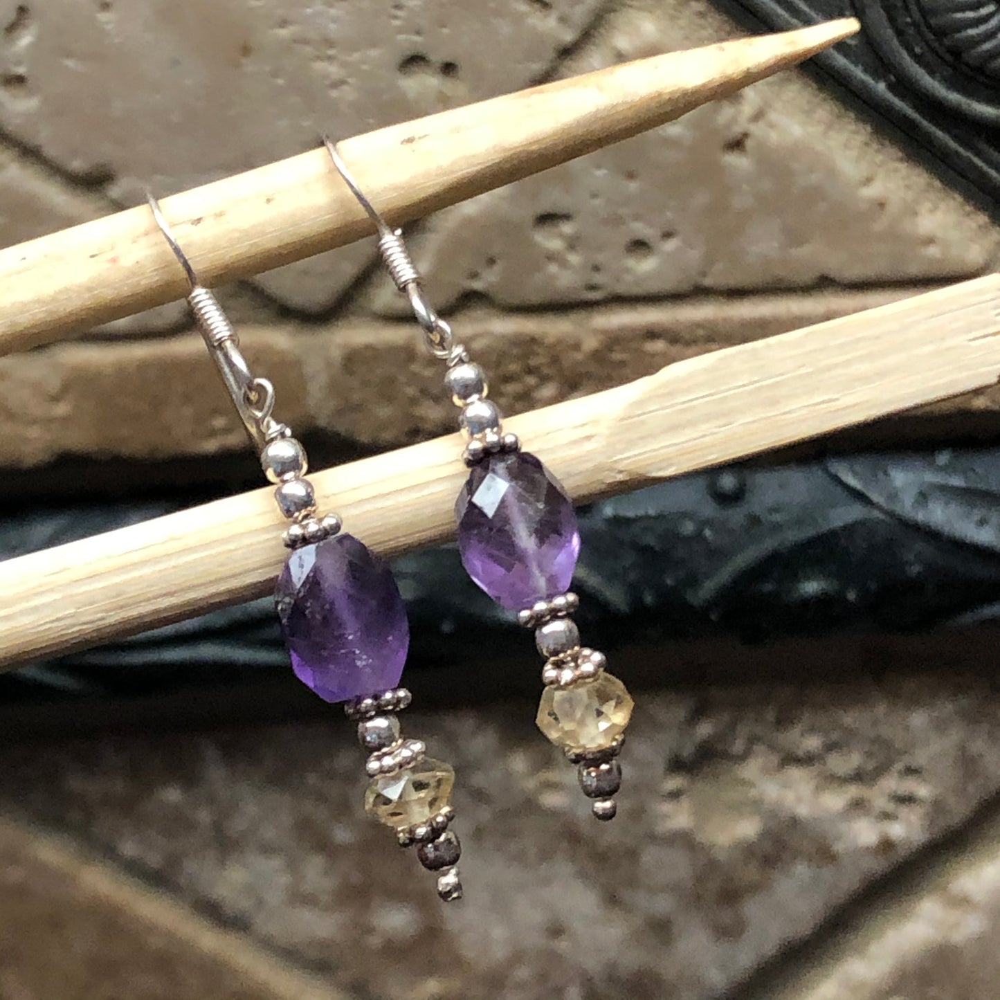Natural Amethyst, Citrine 925 Solid Sterling Silver Earrings 40mm - Natural Rocks by Kala