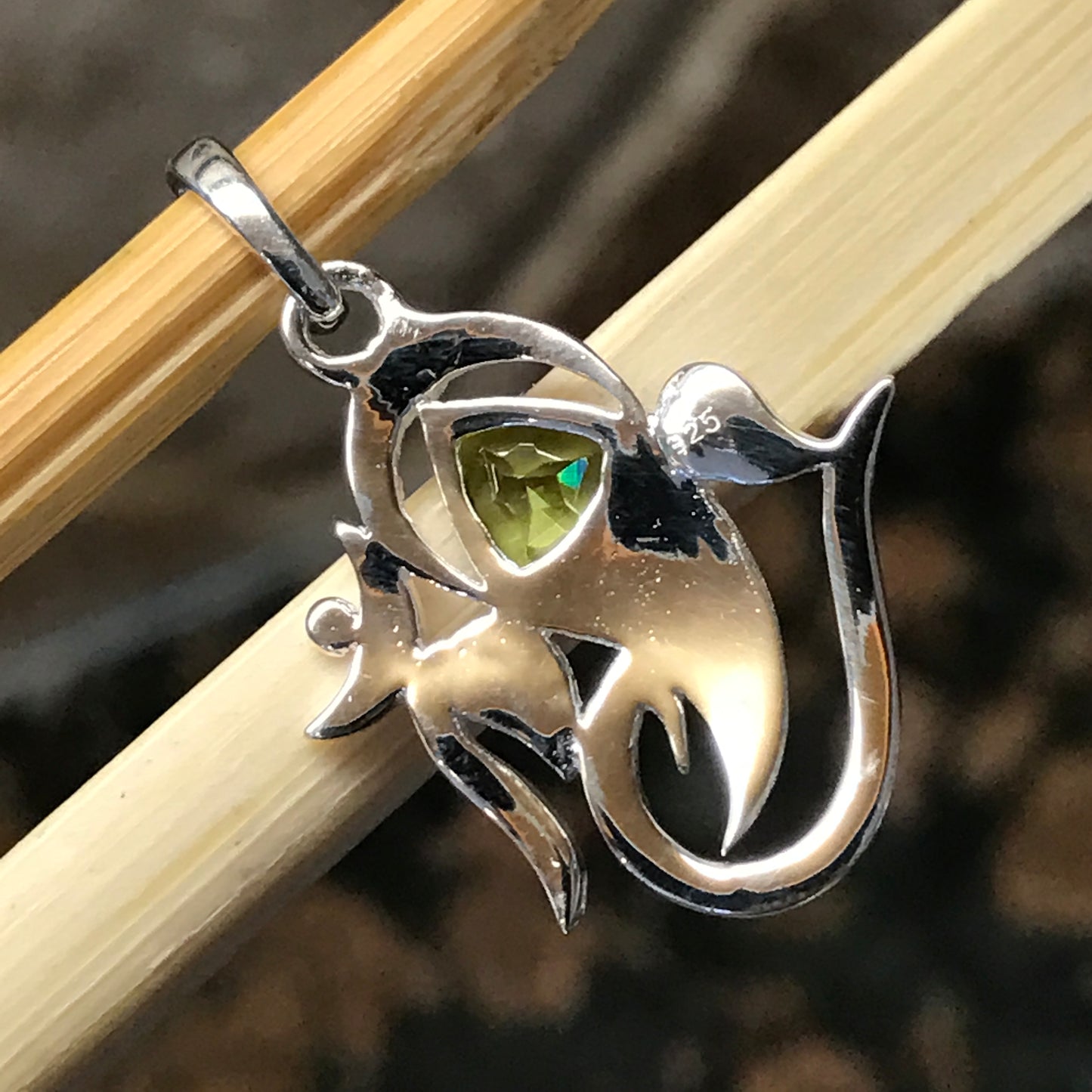 Natural 1ct Peridot 925 Solid Sterling Silver Om Style Pendant 25mm - Natural Rocks by Kala