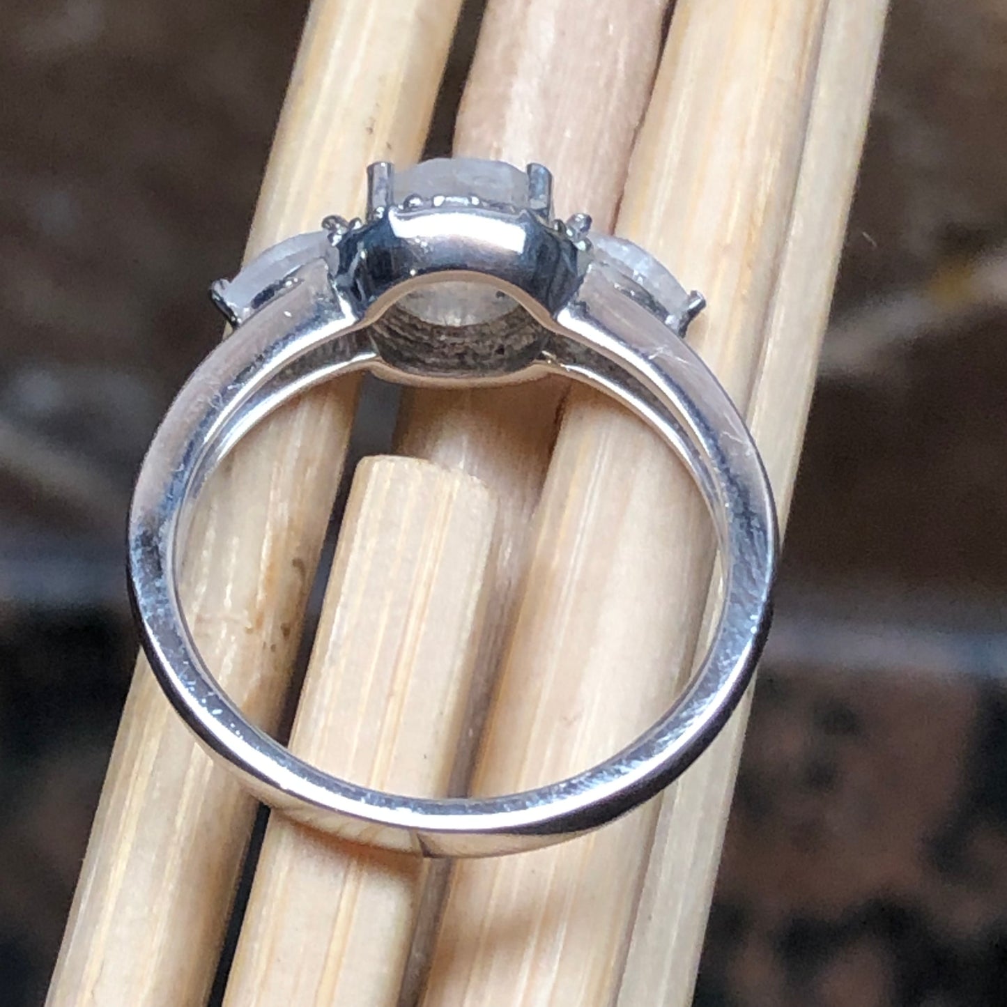 Genuine Rainbow Moonstone, White Diamond 925 Sterling Silver Engagement Ring Size 5, 6, 7, 8, 9 - Natural Rocks by Kala