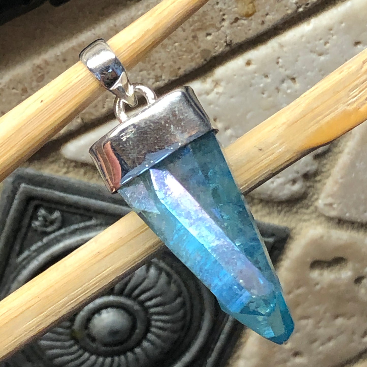 Natural Aqua Aura Quartz 925 Sterling Silver Stunning Cluster Men's Pendant 35mm - Natural Rocks by Kala