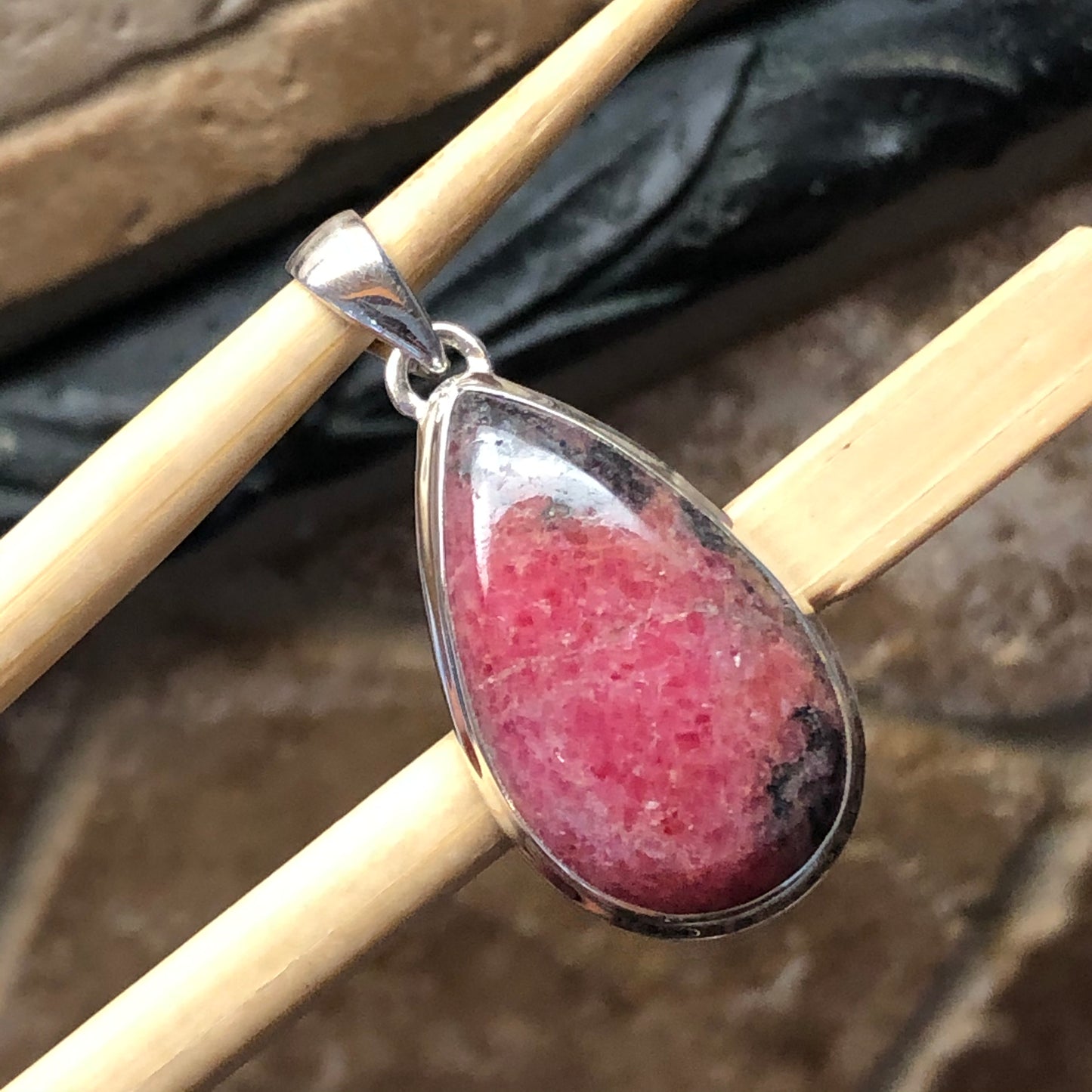 Natural Pink Rhodonite 925 Sterling Silver Pendant 50mm - Natural Rocks by Kala
