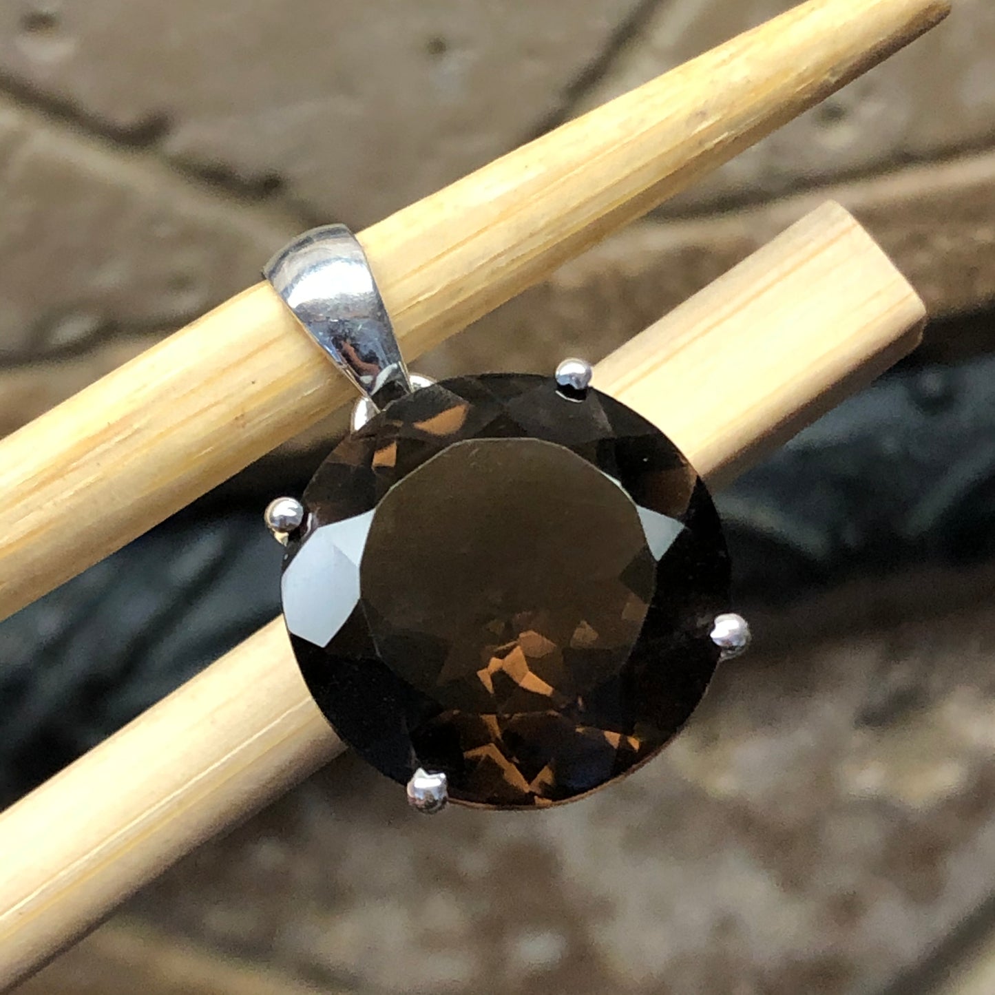 Genuine 12ct Smoky Topaz 925 Solid Sterling Silver Pendant 25mm - Natural Rocks by Kala