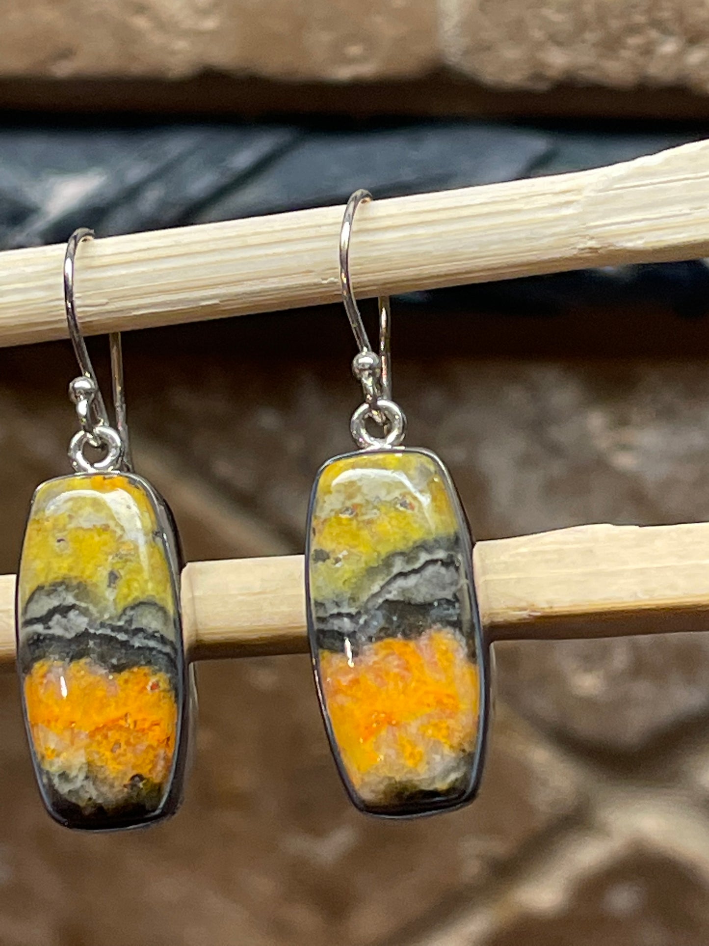 Natural Indonesian Bumble Bee Jasper 925 Solid Sterling Silver Earrings 40mm - Natural Rocks by Kala