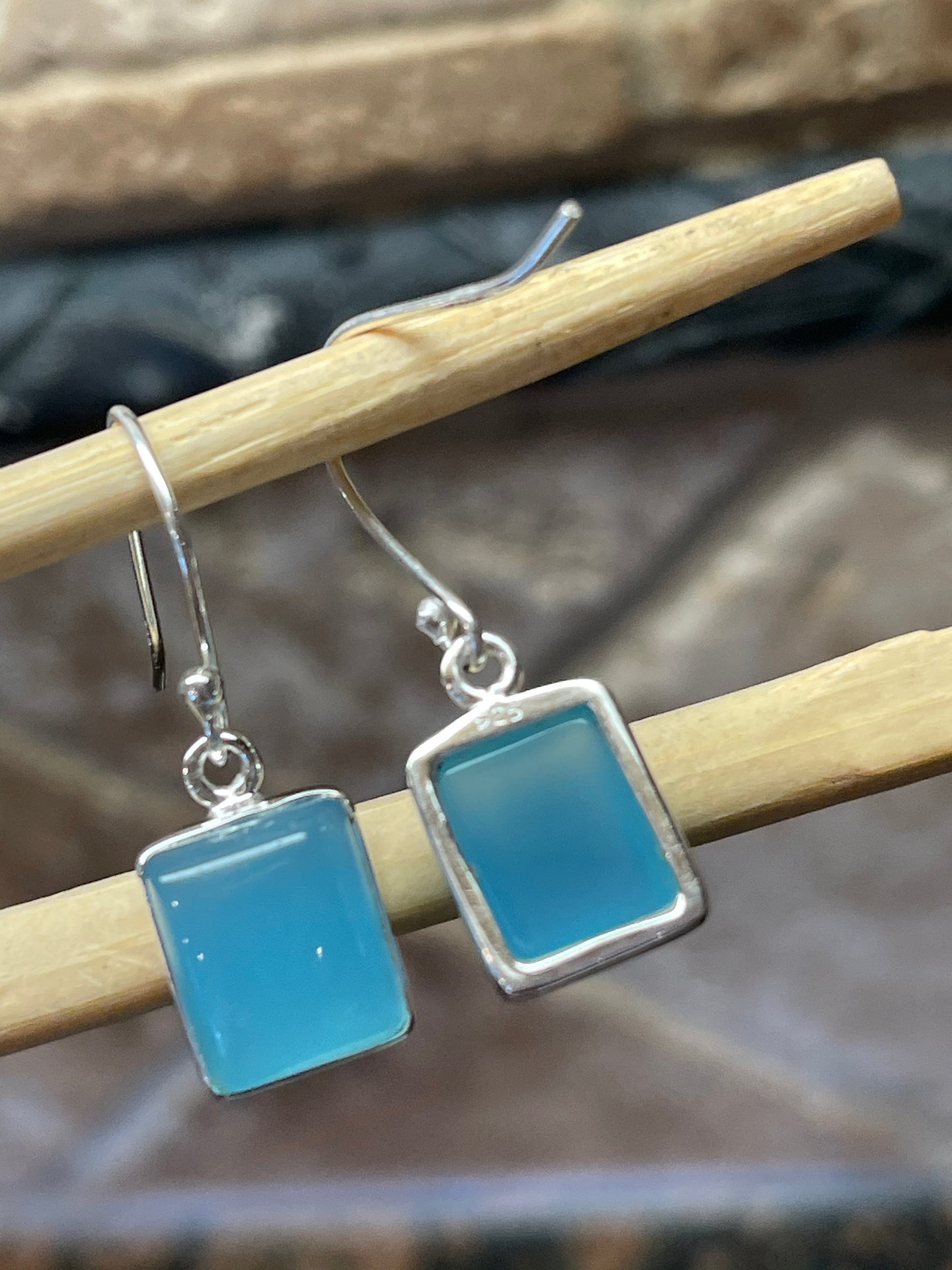 Natural Blue Chalcedony 925 Solid Sterling Silver Earrings 25mm - Natural Rocks by Kala
