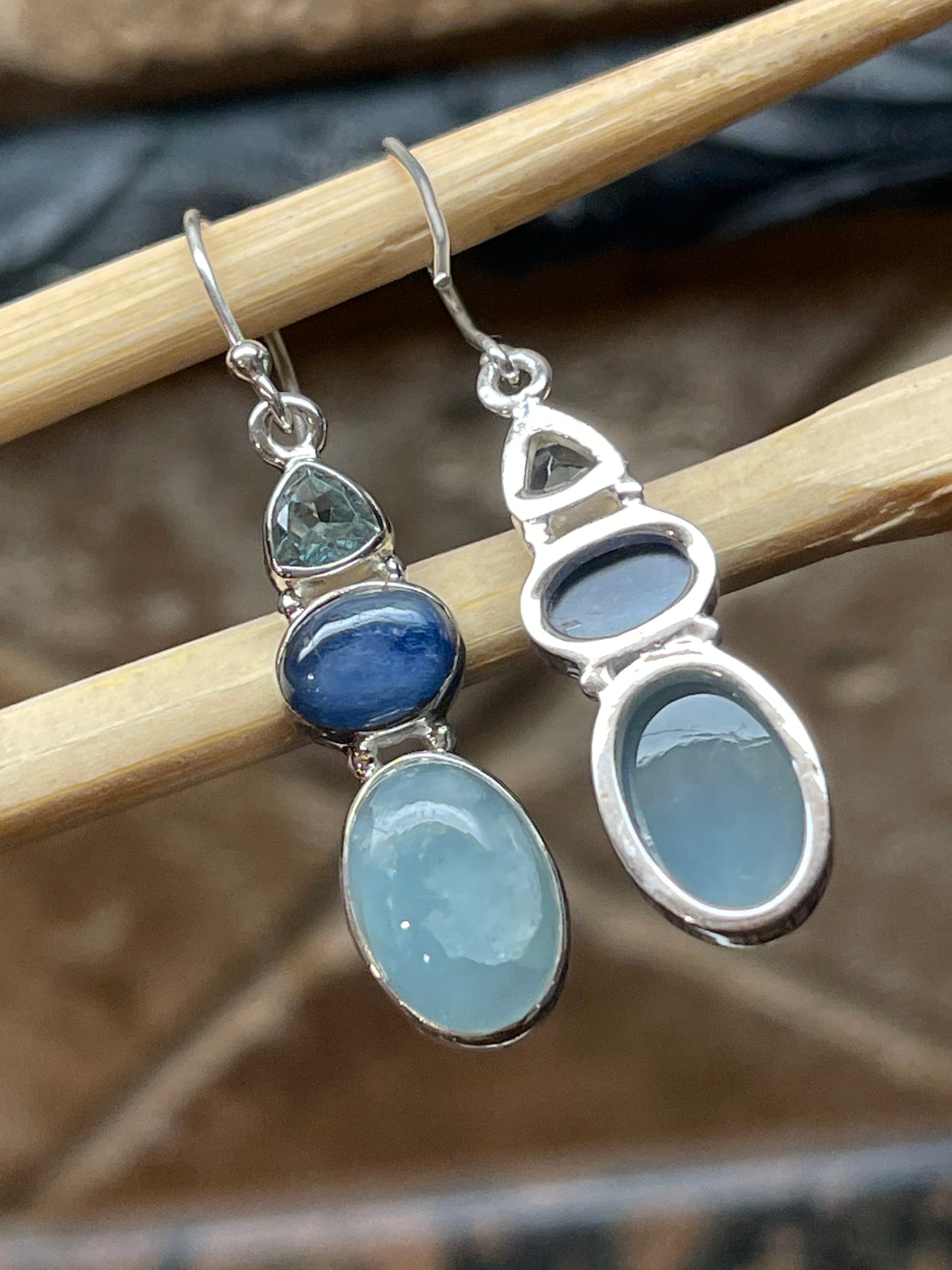 Natural Aquamarine, Kyanite 925 Solid Sterling Silver Earrings 40mm - Natural Rocks by Kala