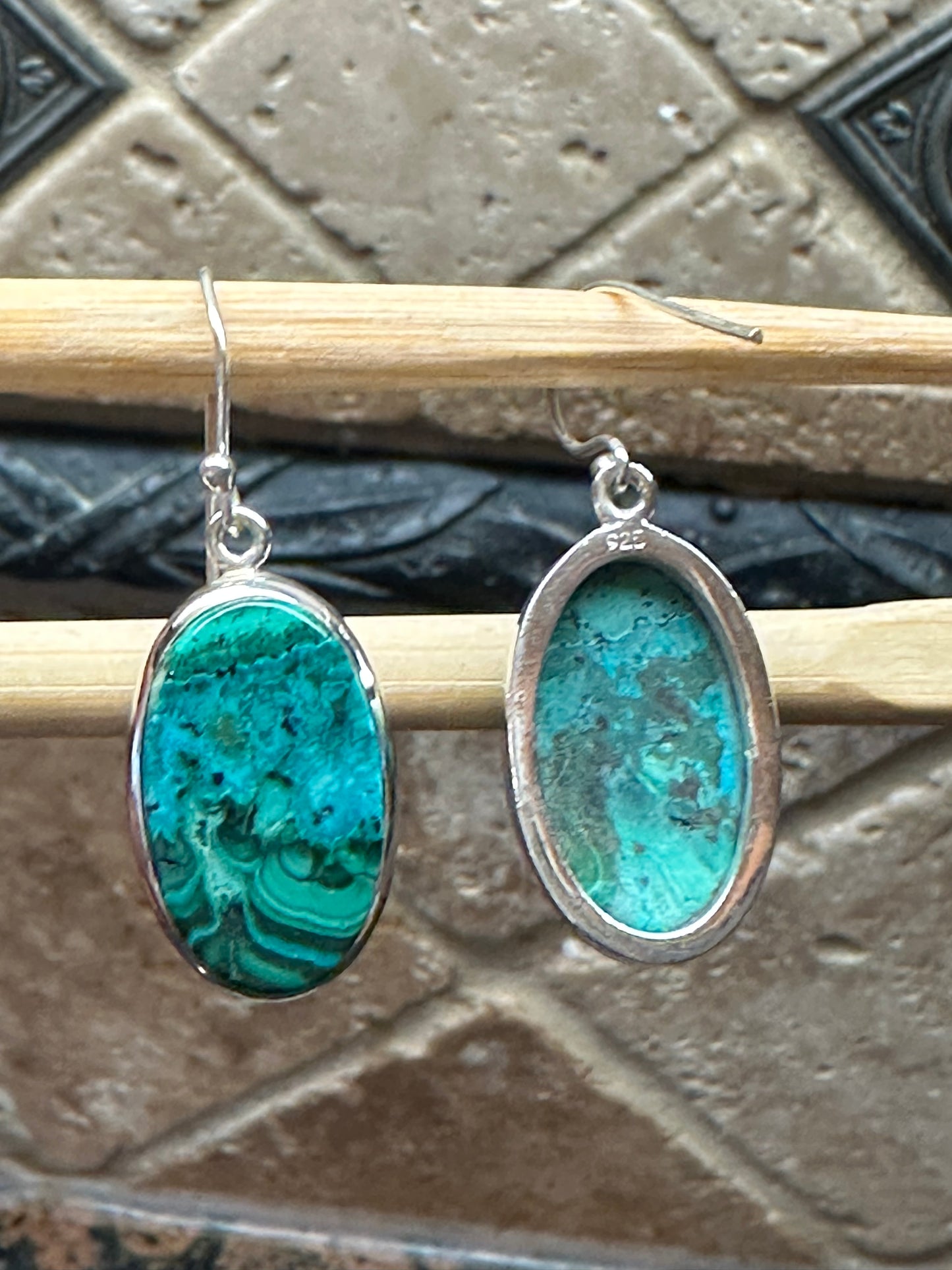 Natural Malachite in Chrysocolla 925 Solid Sterling Silver Earrings 40mm - Natural Rocks by Kala