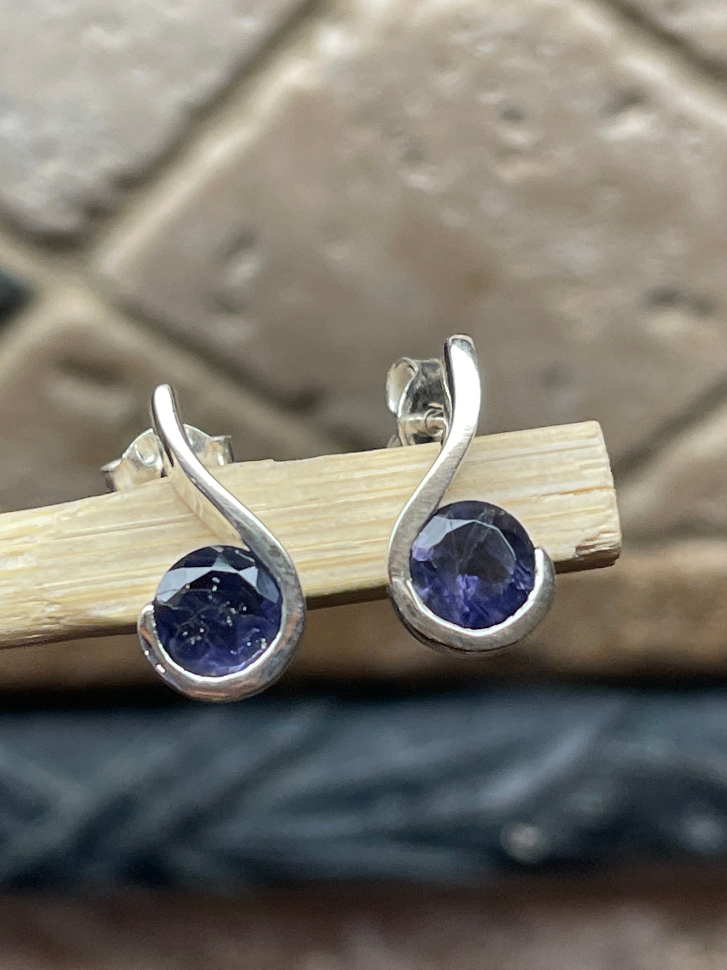 Natural 2ct Iolite 925 Solid Sterling Silver Earrings 12mm - Natural Rocks by Kala