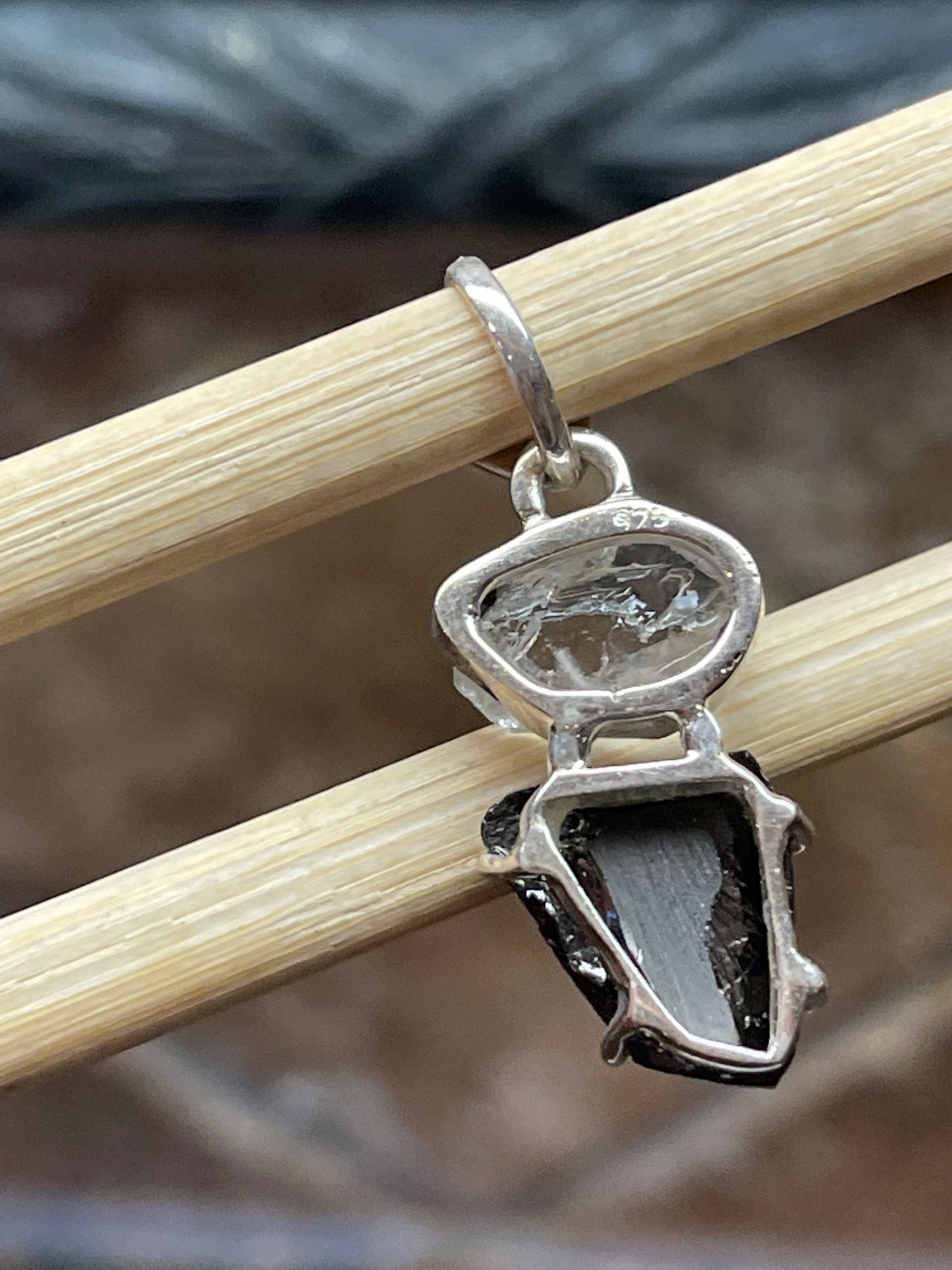 Natural Shungite, Herkimer Diamond 925 Solid Sterling Silver Pendant 30mm - Natural Rocks by Kala