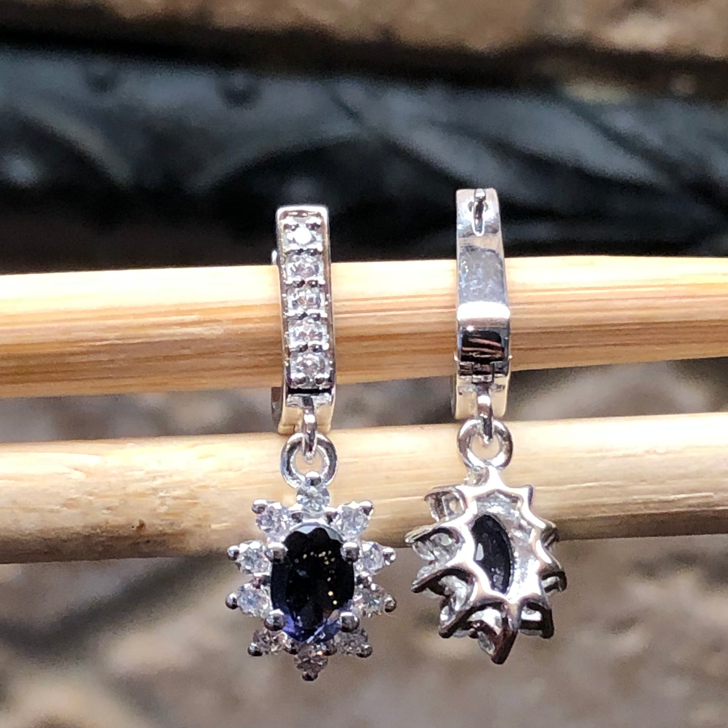 Natural 2ct Iolite 925 Solid Sterling Silver Earrings 25mm - Natural Rocks by Kala