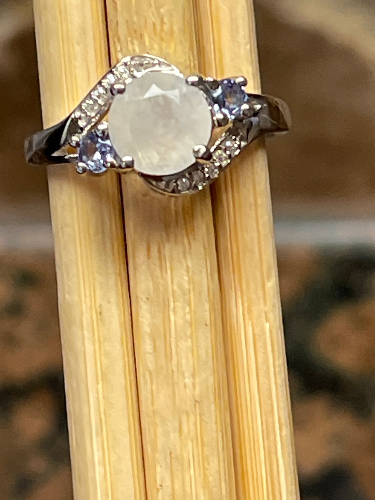 Genuine Rainbow Moonstone, Tanzanite 925 Solid Sterling Silver Engagement Ring Size 5, 6, 7, 8, 9 - Natural Rocks by Kala
