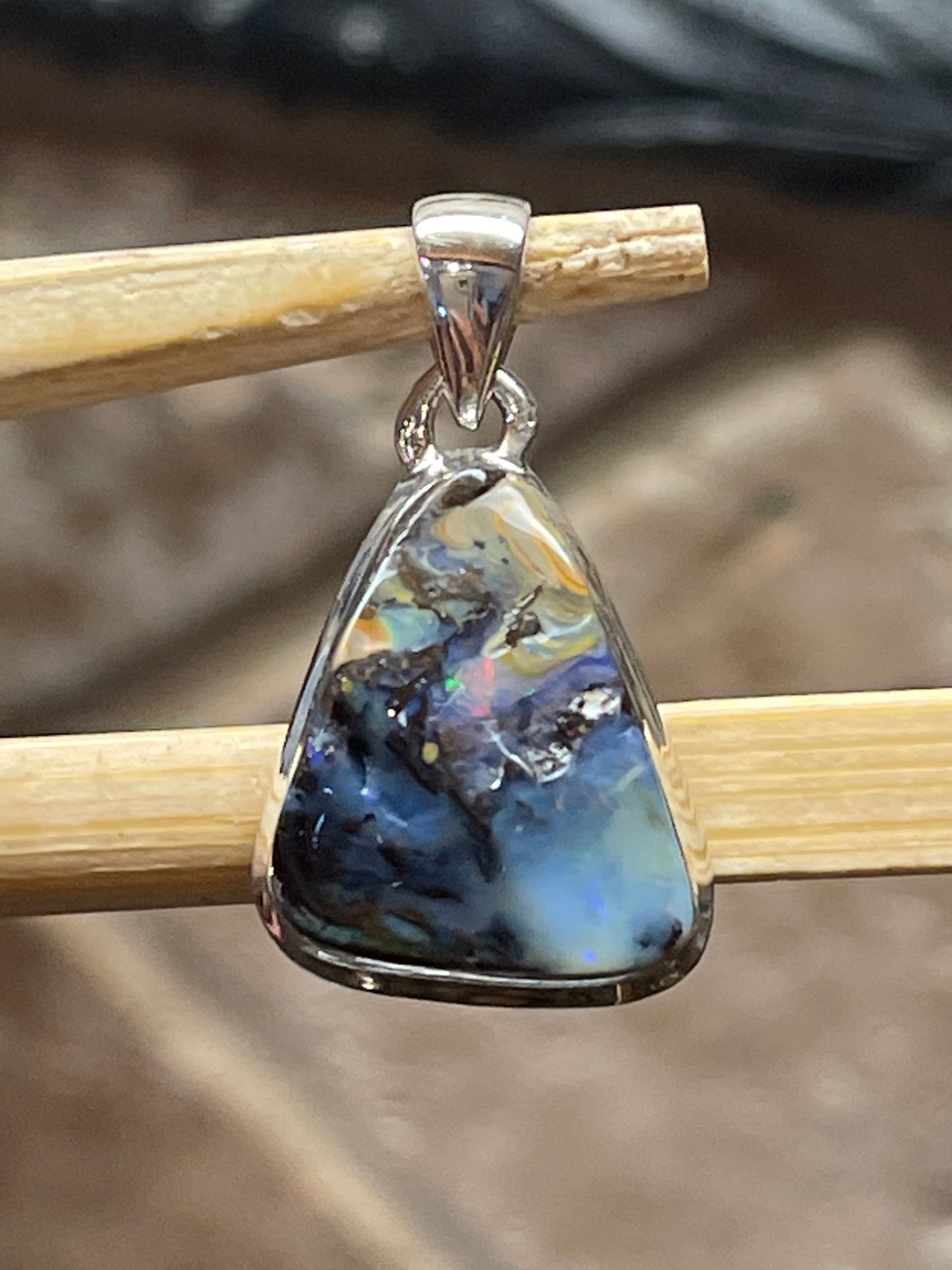 Natural Australian Koroit Matrix boulder opal 925 Sterling Silver Pendant 25mm - Natural Rocks by Kala