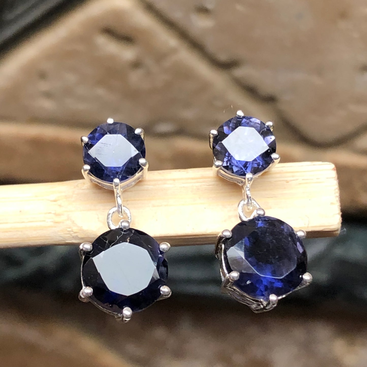 Natural 2.5ct Iolite 925 Solid Sterling Silver Earrings 18mm - Natural Rocks by Kala