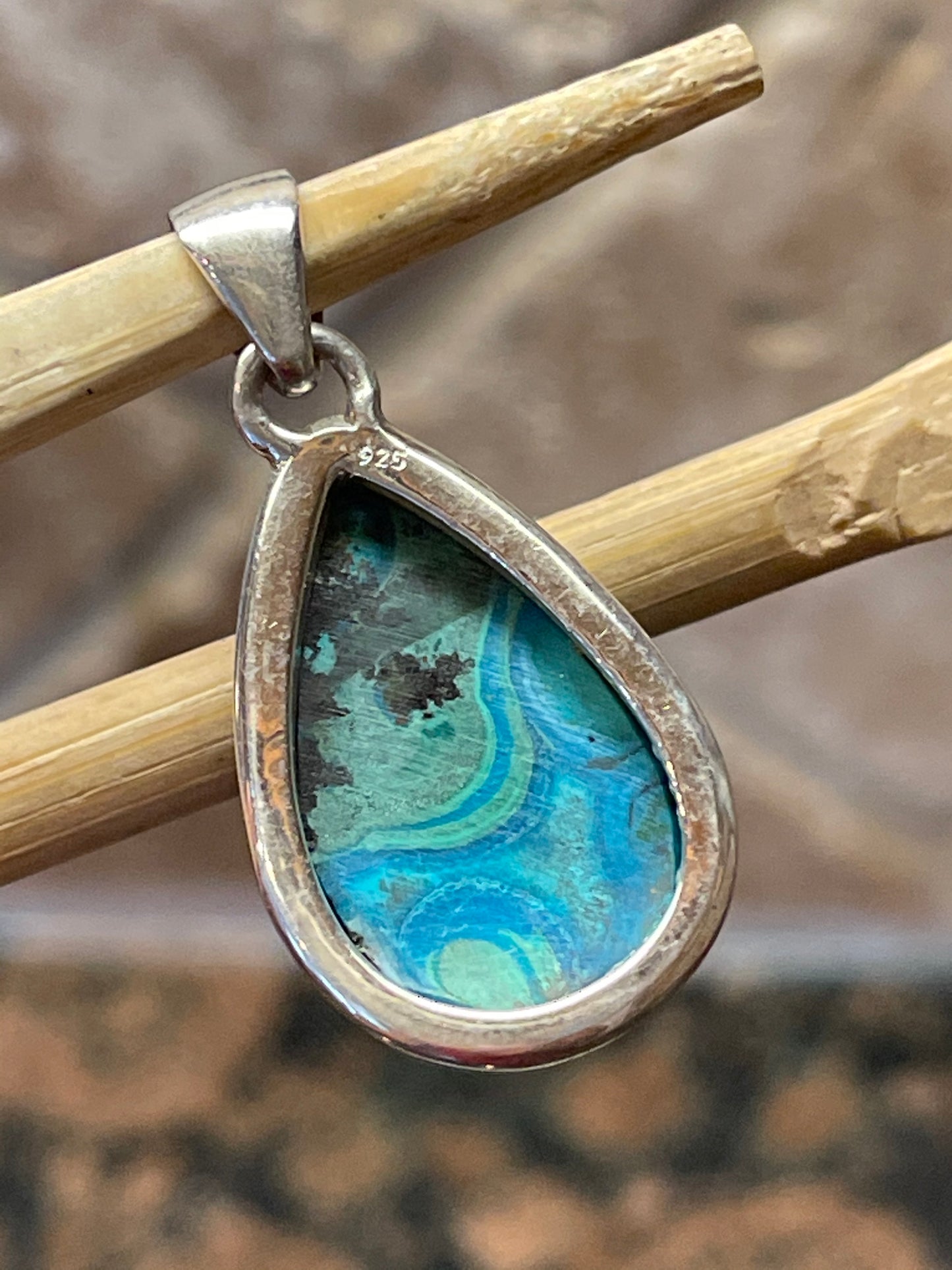 Natural Malachite in Chrysocolla 925 Solid Sterling Silver Pendant 35mm - Natural Rocks by Kala