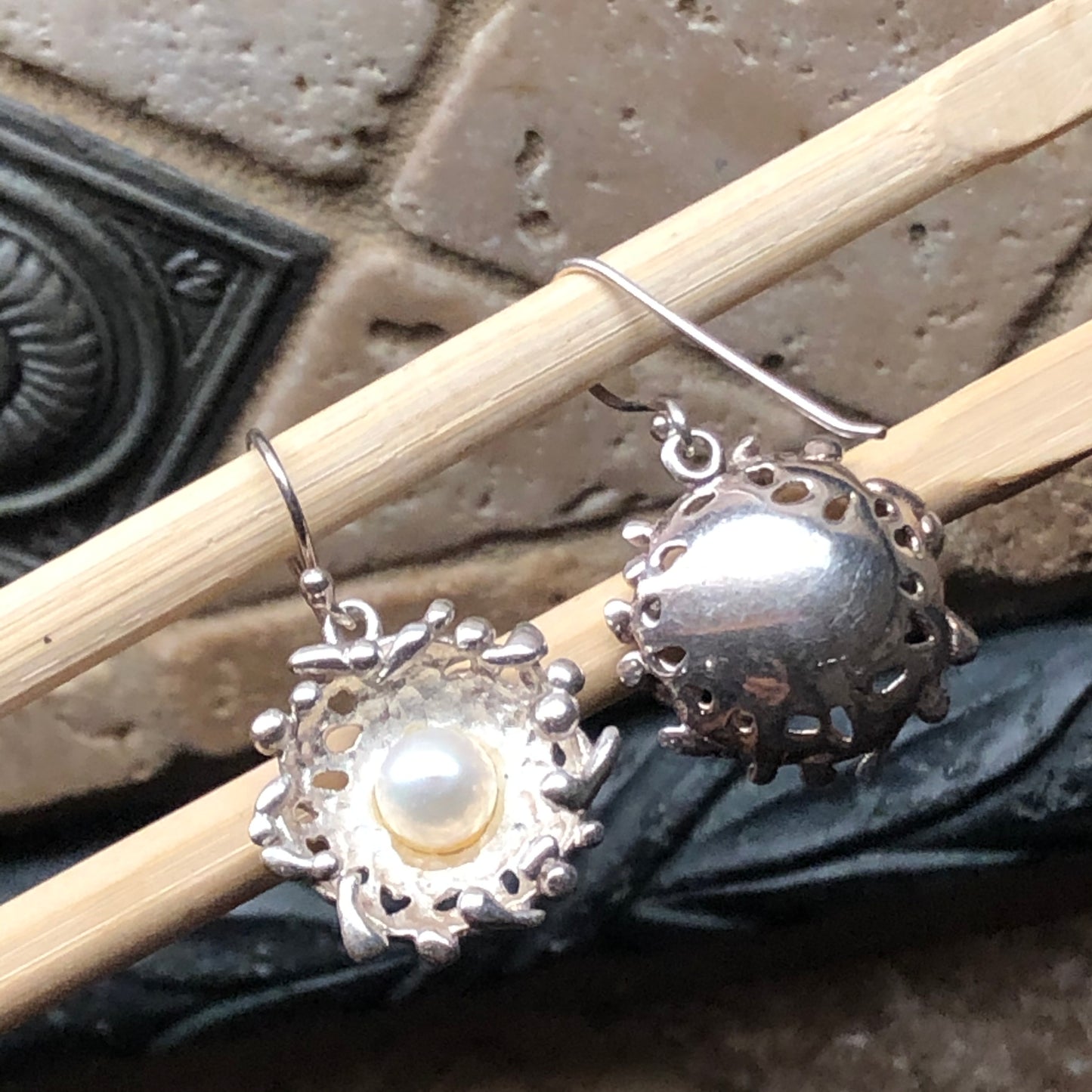 Natural Freshwater Cultured Pearl 925 Solid Sterling Silver Earrings 30mm - Natural Rocks by Kala