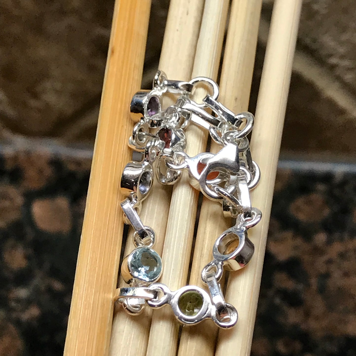 Natural Garnet, Carnelian, Citrine, Peridot 925 Sterling Silver 7-Chakra Bracelet 7" - Natural Rocks by Kala