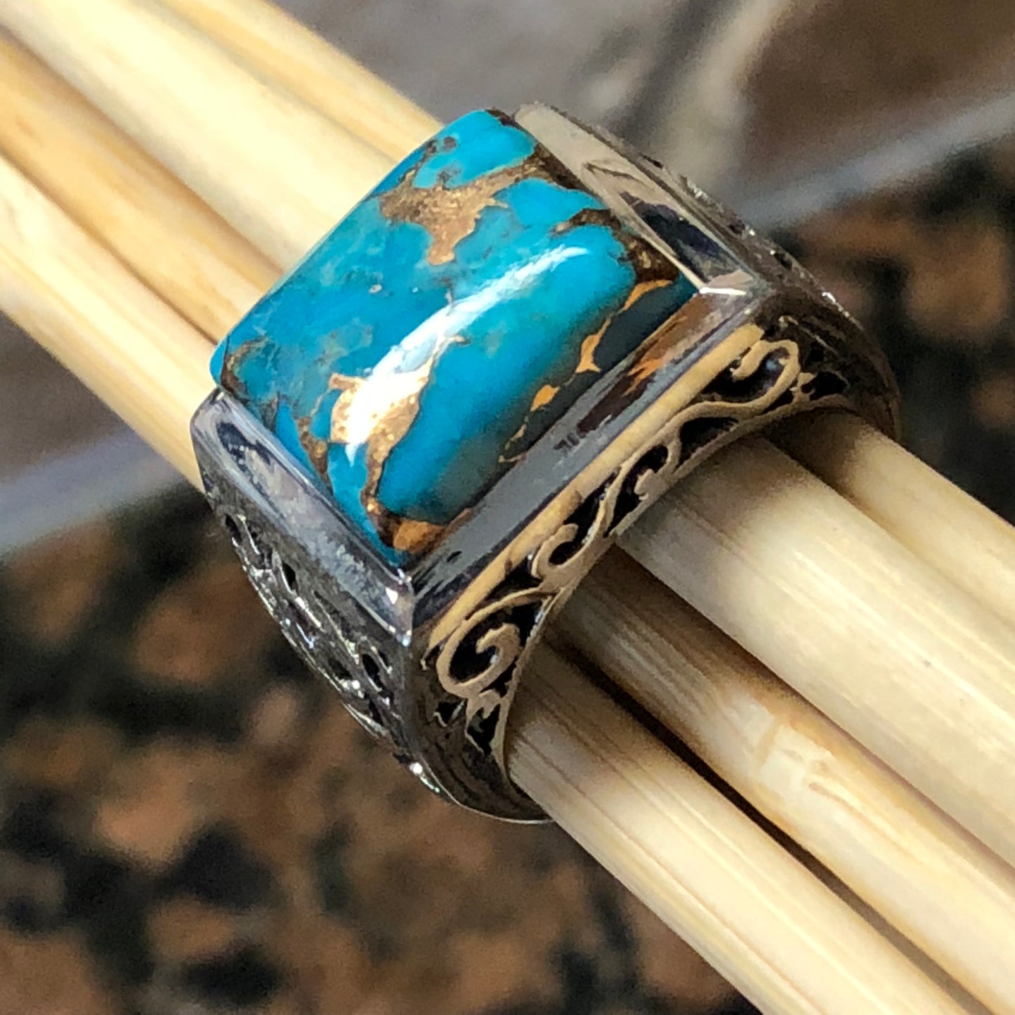 Gorgeous Blue Mohave Copper Turquoise 925 Sterling Silver Men's Ring Size 7, 8, 9, 10, 11.5, 13 - Natural Rocks by Kala