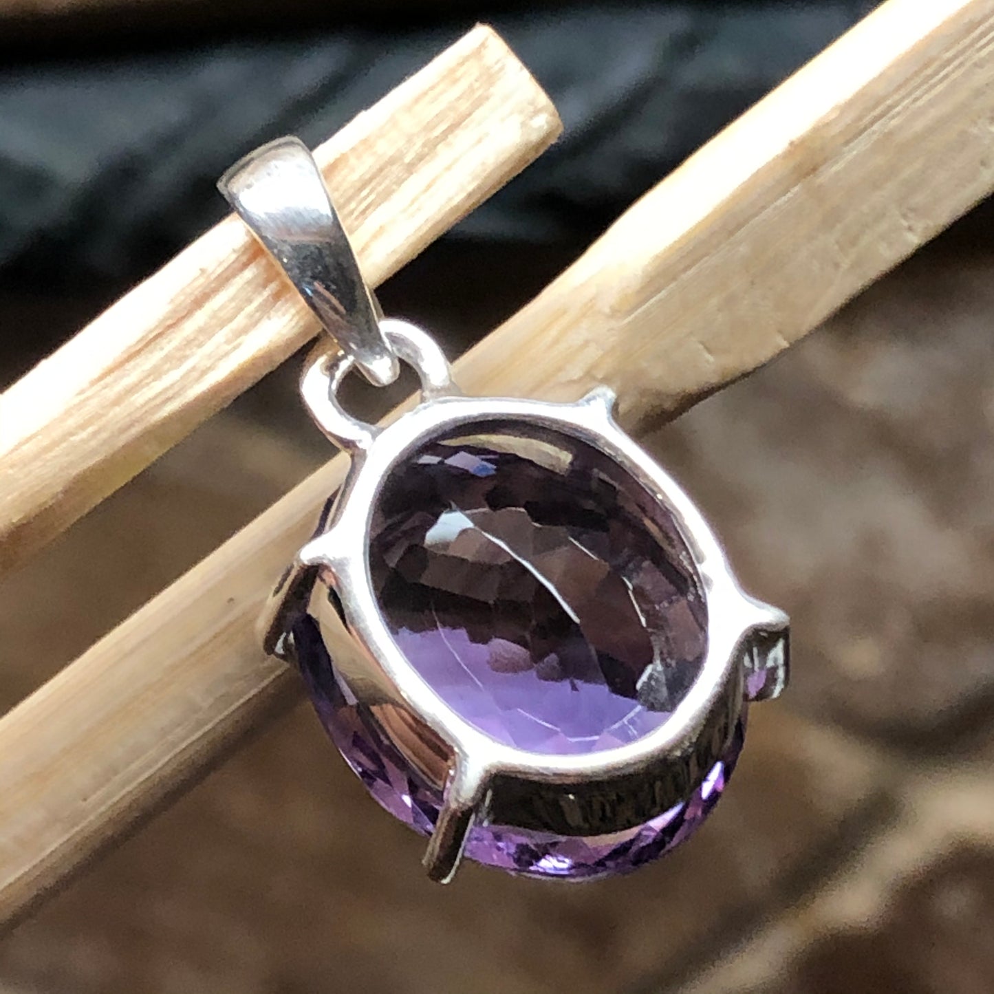 Natural 12ct Amethyst 925 Solid Sterling Silver Pendant 25mm - Natural Rocks by Kala