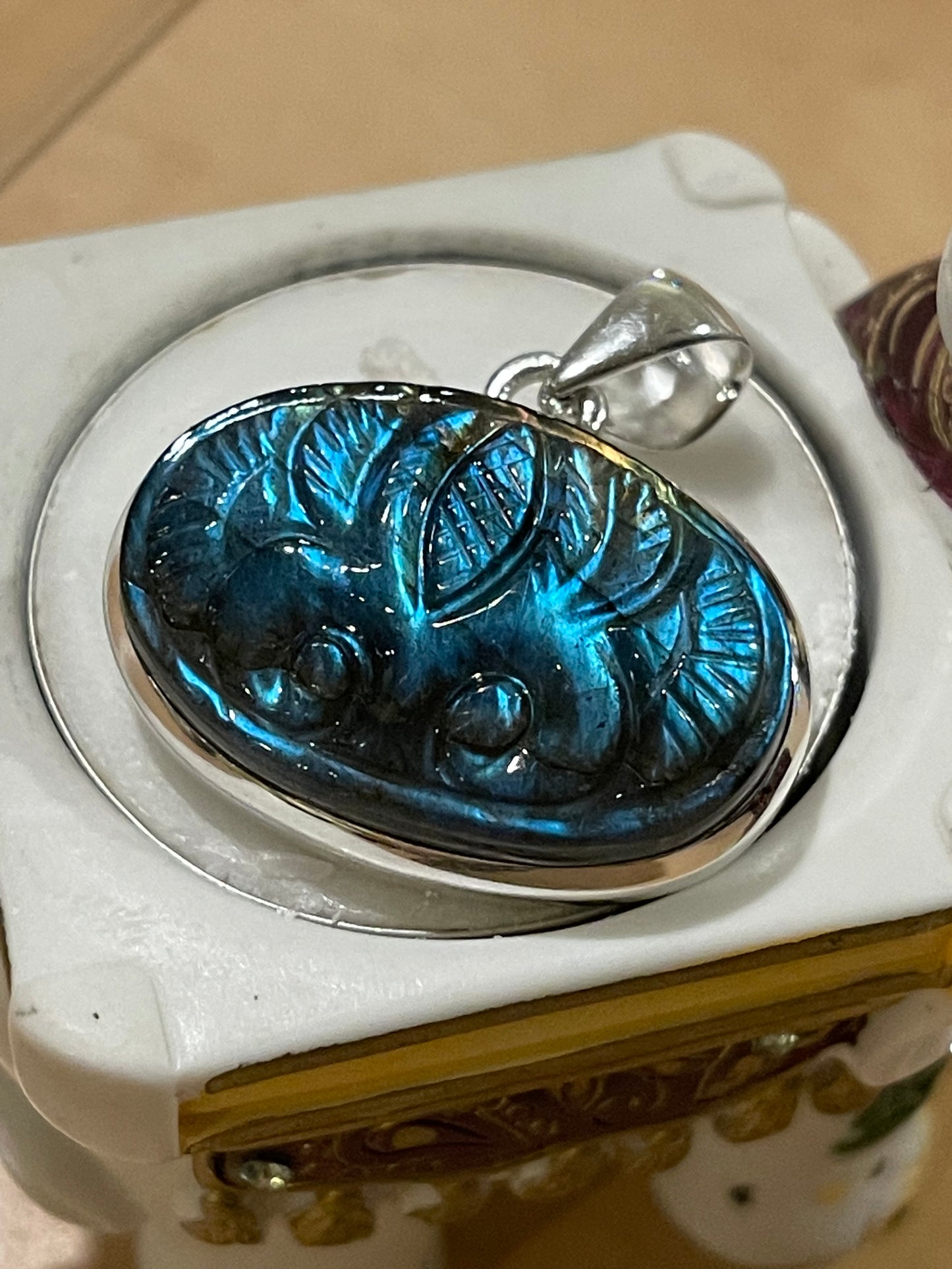 Natural Blue Labradorite 925 Sterling Silver Handcarved Pendant 30mm - Natural Rocks by Kala