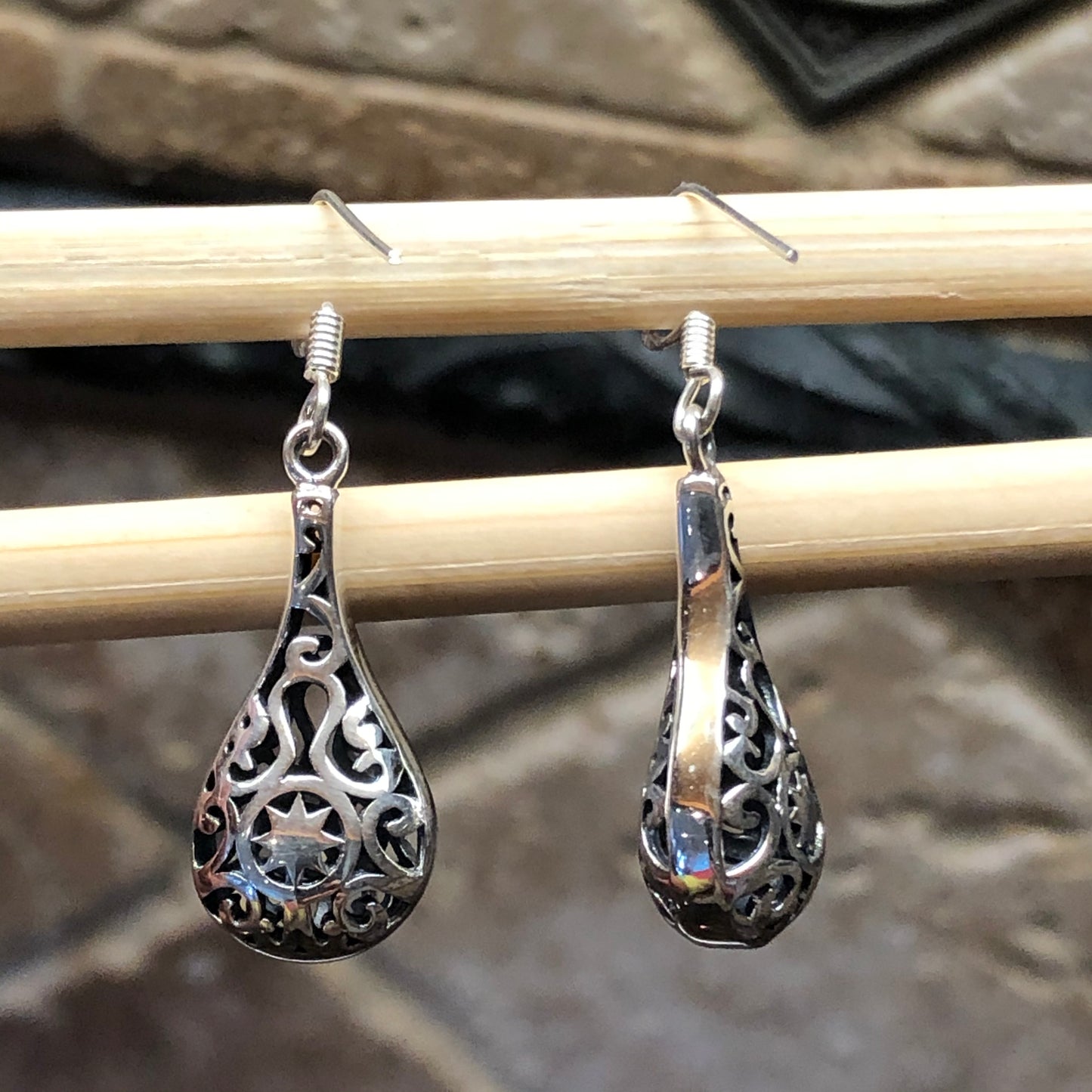 Art Deco Filigree 925 Solid Sterling Silver Earrings 35mm - Natural Rocks by Kala