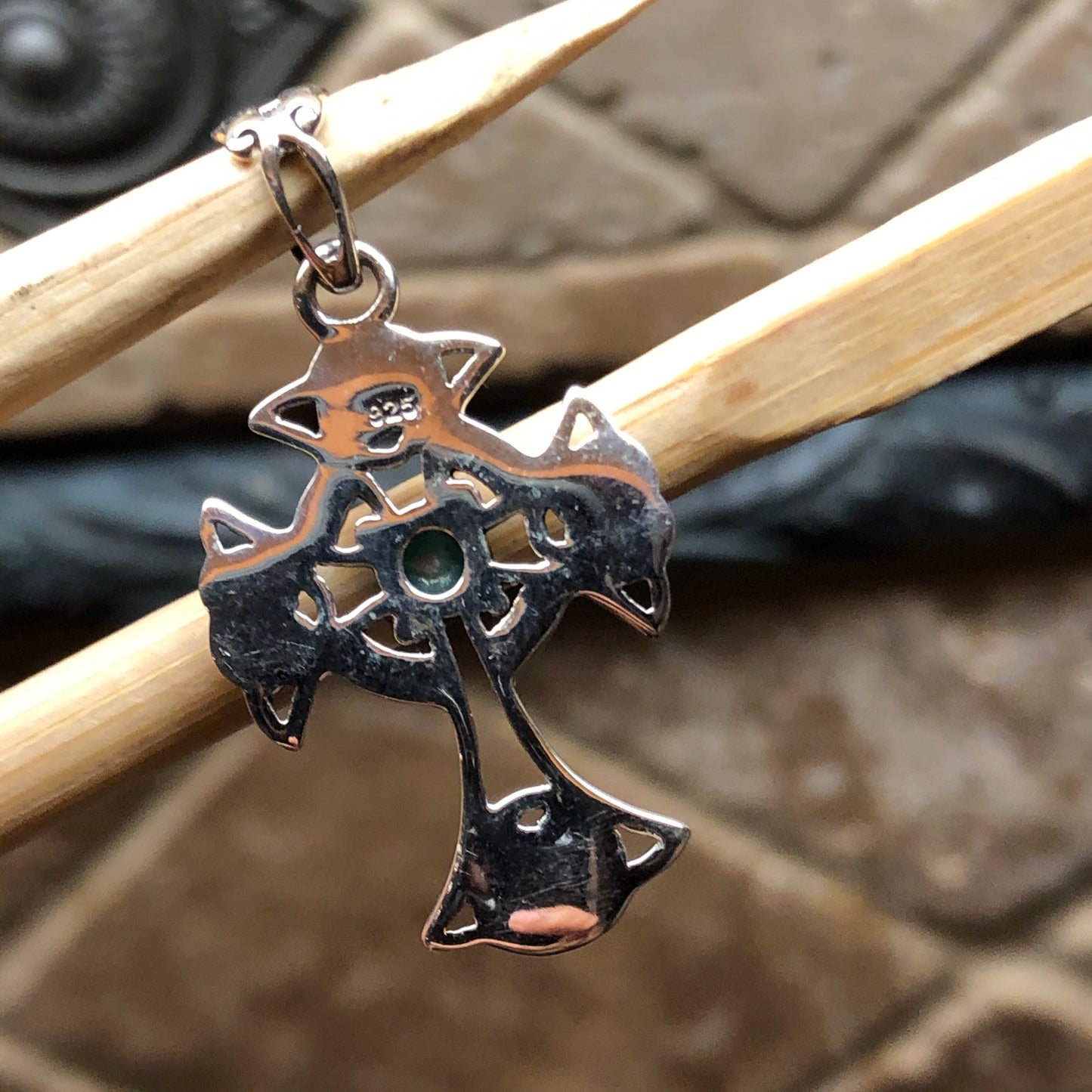 Green Emerald 925 Solid Sterling Silver Cross Pendant 35mm - Natural Rocks by Kala