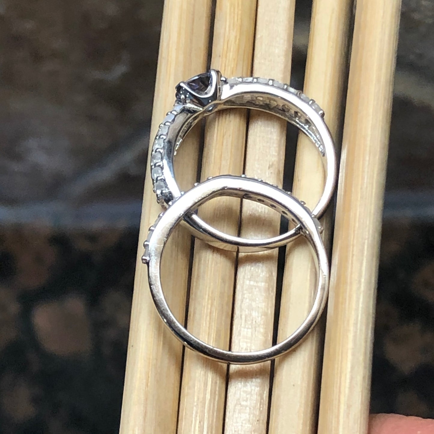 Genuine Blue Tanzanite, Moonstone 925 Solid Sterling Silver Engagement Ring Size 6, 7, 8, 9 - Natural Rocks by Kala