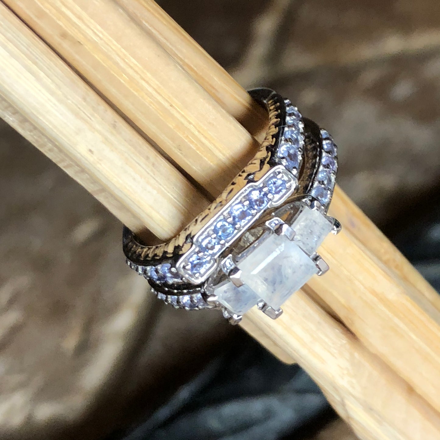 Genuine Blue Tanzanite, Moonstone 925 Solid Sterling Silver Engagement Ring Size 6, 7, 8, 9 - Natural Rocks by Kala