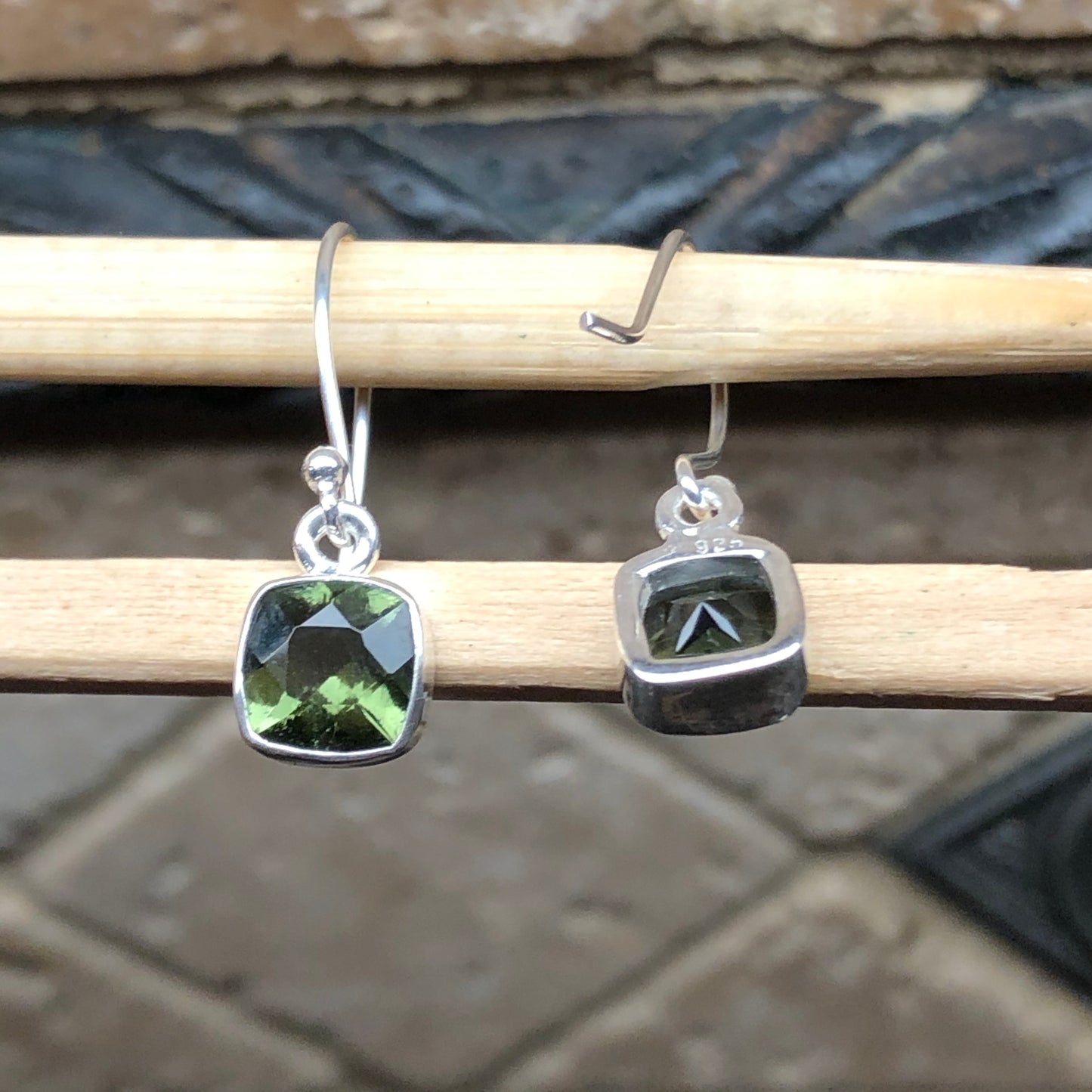 Natural Green Moldavite 925 Solid Sterling Silver Earrings 25mm - Natural Rocks by Kala