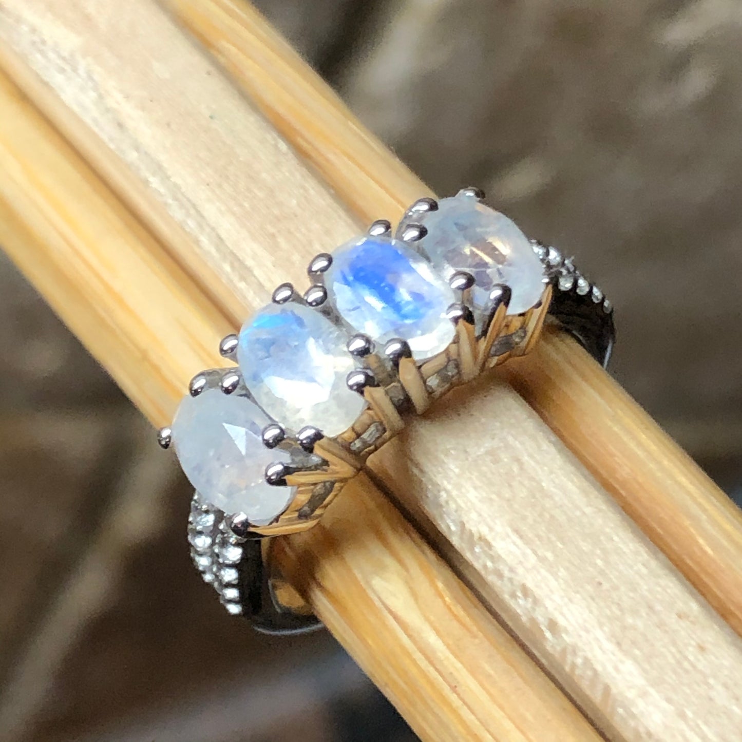 Genuine Rainbow Moonstone 925 Solid Sterling Silver Ring Size 6.25, 7.25, 8.25, 9.25 - Natural Rocks by Kala