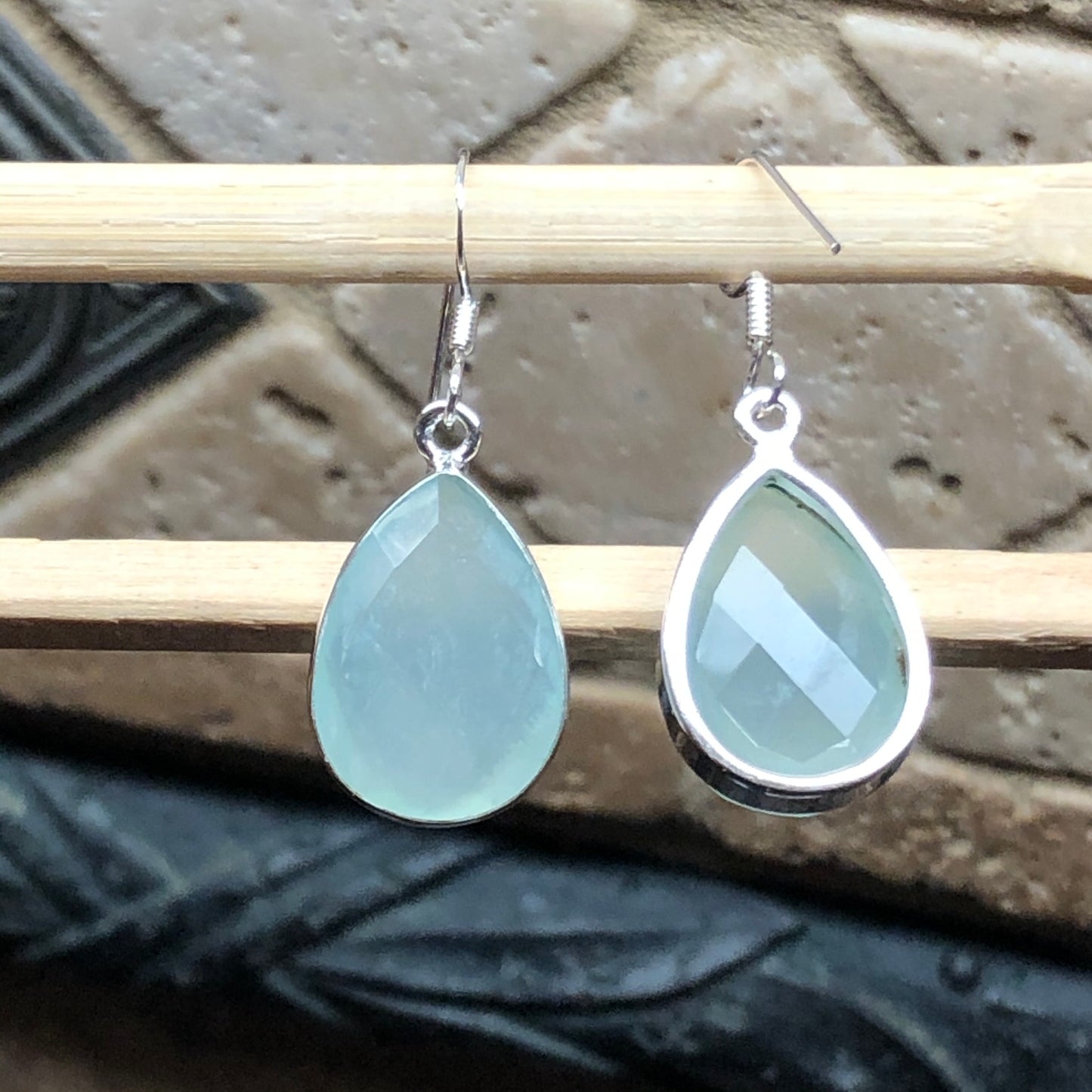 Natural Aqua Chalcedony 925 Solid Sterling Silver Earrings 30mm - Natural Rocks by Kala