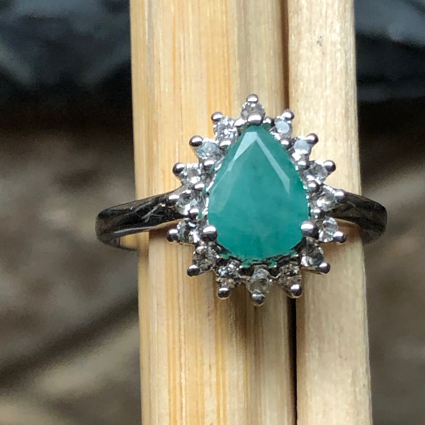 Natural Green Emerald, White Topaz 925 Solid Sterling Silver Engagement Ring Size 6, 7, 8, 9 - Natural Rocks by Kala