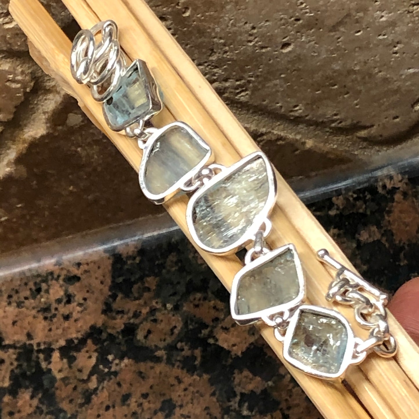 Natural Blue Aquamarine 925 Solid Sterling Silver Bracelet 7"" - Natural Rocks by Kala