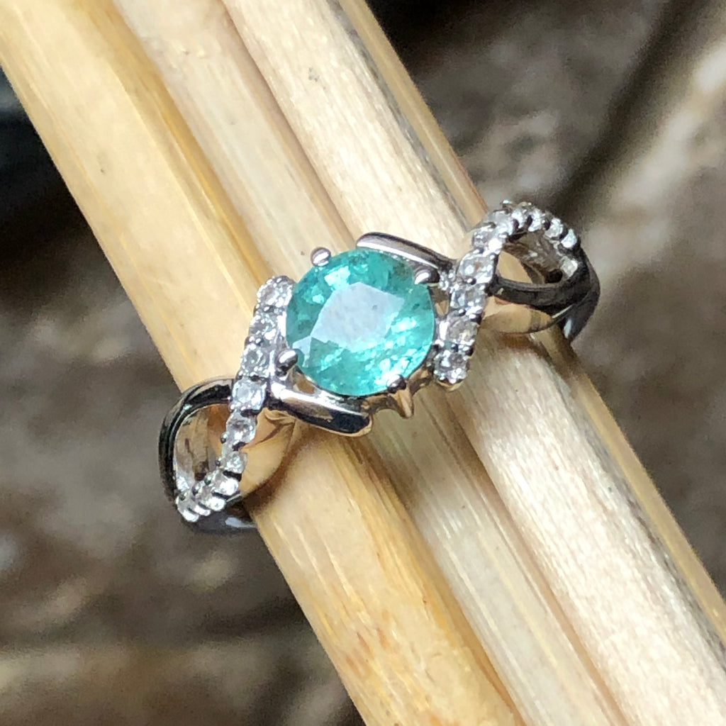 Natural Green Emerald, White Topaz 925 Sterling Silver Engagement Ring Size 6, 7, 8, 9 - Natural Rocks by Kala