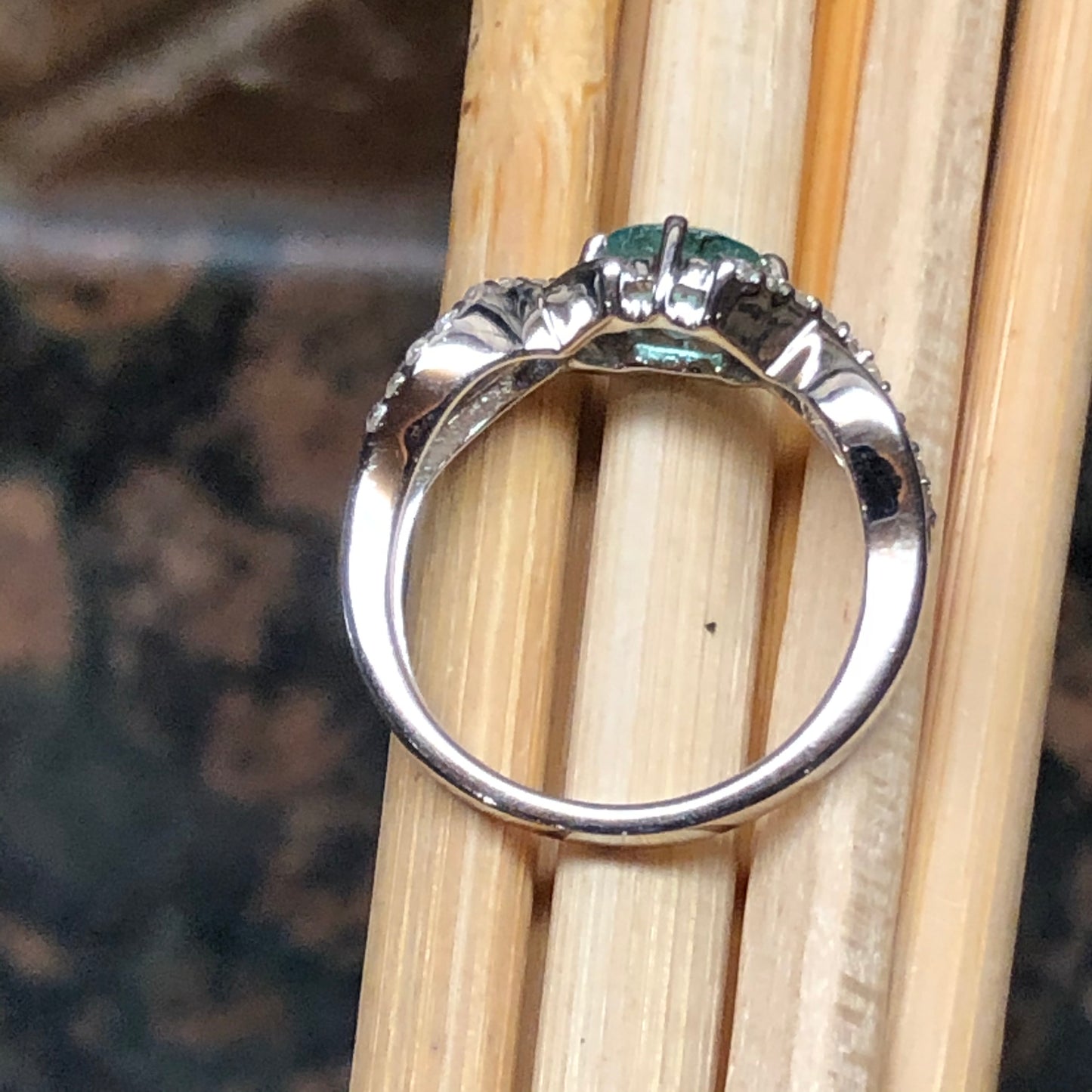 Natural Green Emerald, White Topaz 925 Sterling Silver Engagement Ring Size 6, 7, 8, 9 - Natural Rocks by Kala