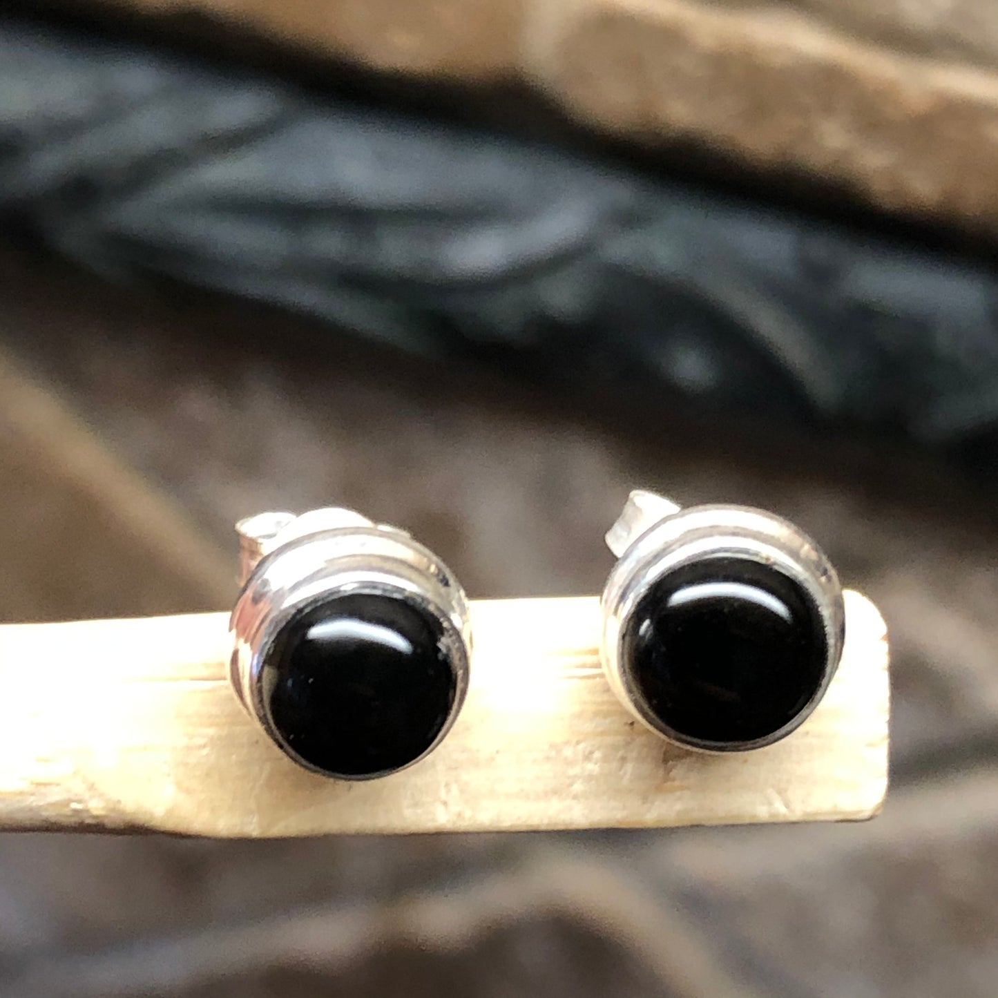 Genuine Black Onyx 925 Solid Sterling Silver Earrings 7mm - Natural Rocks by Kala