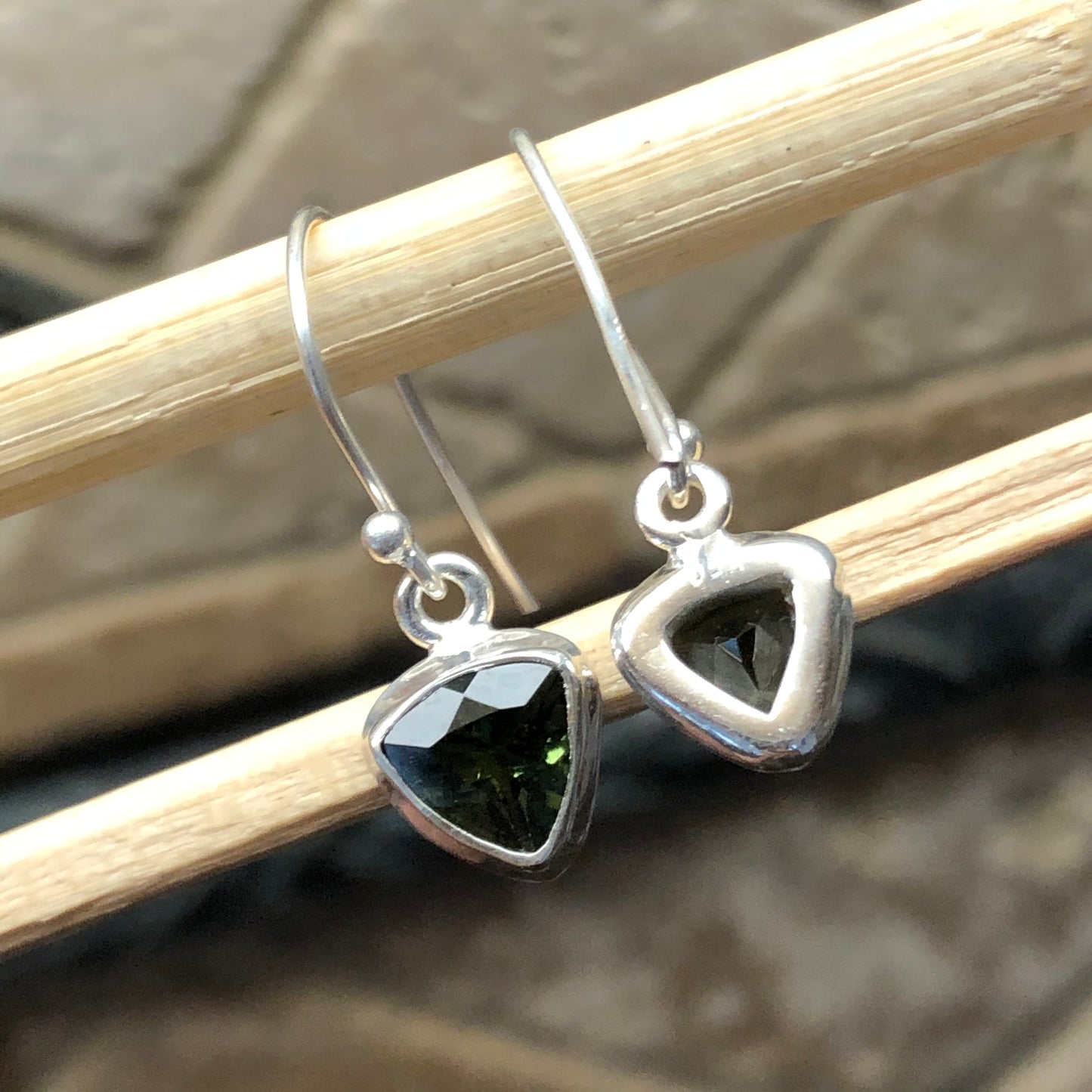 Natural Green Moldavite 925 Solid Sterling Silver Earrings 25mm - Natural Rocks by Kala