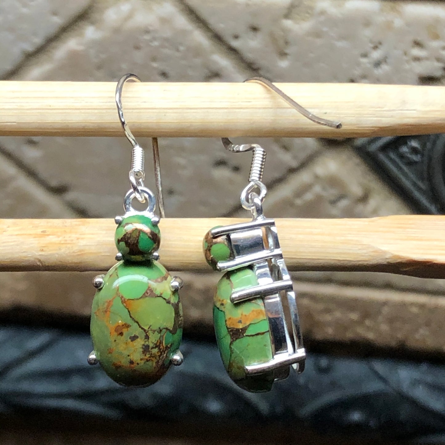 Natural Green Copper Turquoise 925 Solid Silver Earrings 35mm - Natural Rocks by Kala