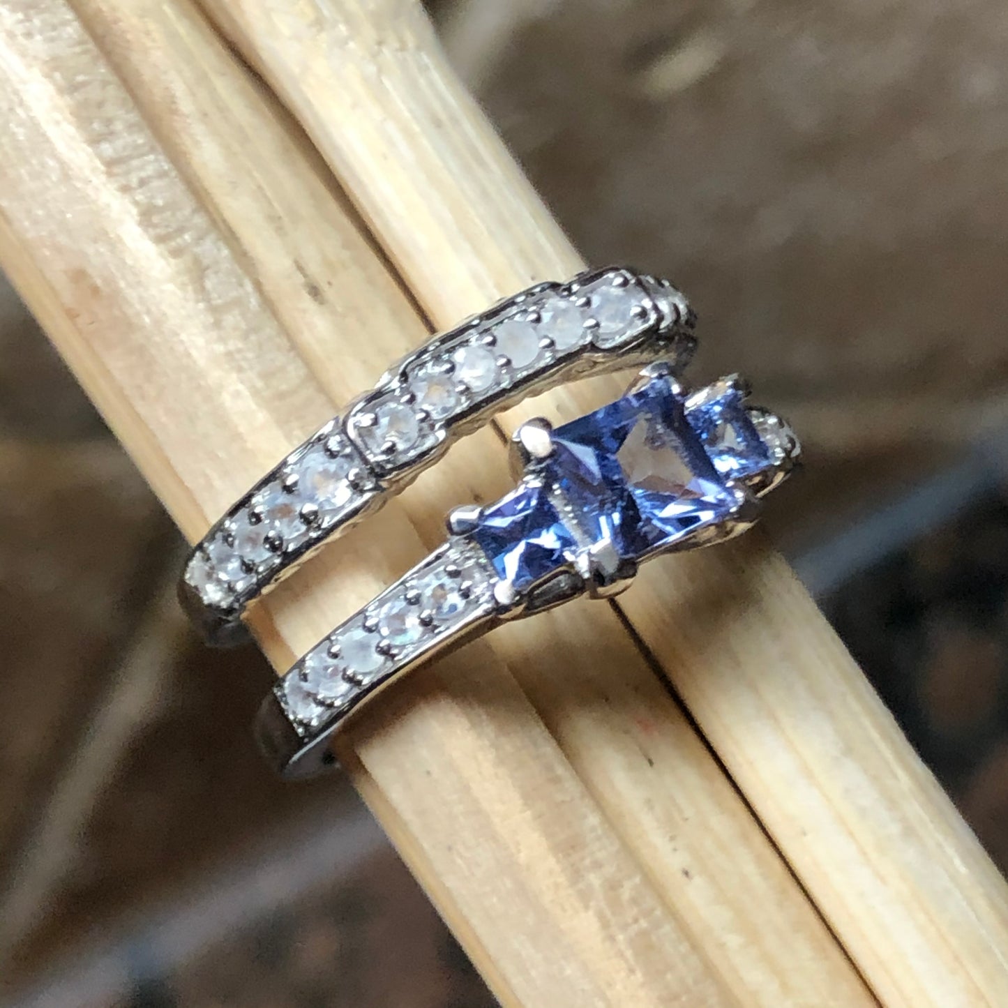 Genuine Blue Tanzanite, Moonstone 925 Solid Sterling Silver Engagement Ring Size 6, 7, 8, 9 - Natural Rocks by Kala