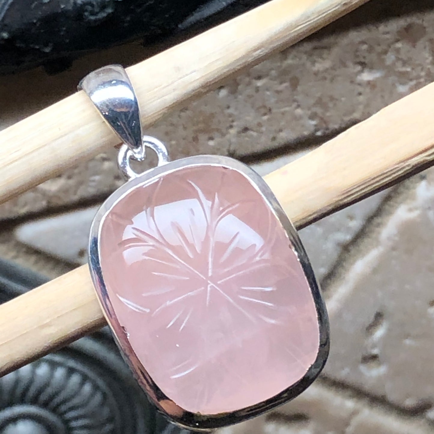 Natural Handcarved Pink Rose Quartz 925 Solid Sterling Silver Pendant 35mm - Natural Rocks by Kala