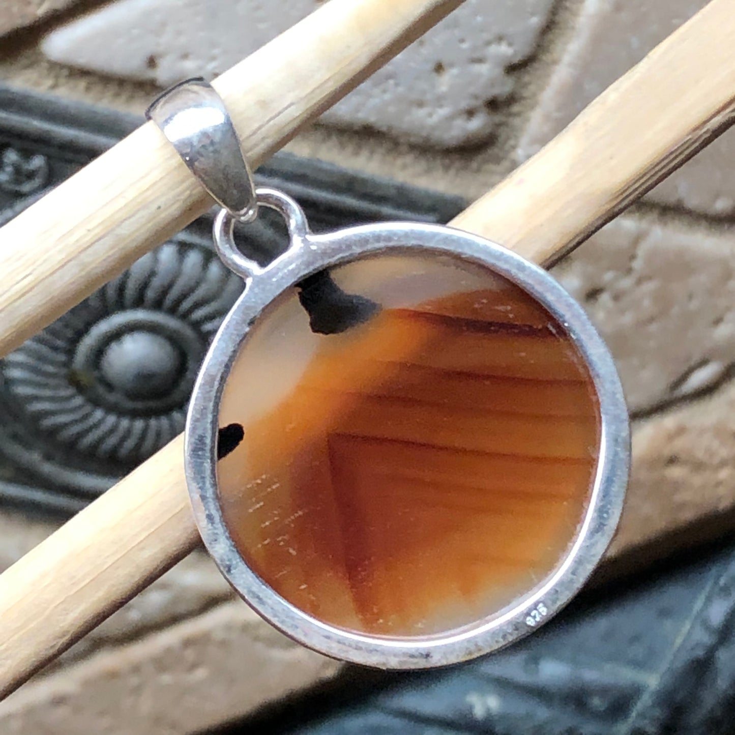 Natural Montana Moss Agate 925 Sterling Silver Sun Rise Senic Pendant 30mm - Natural Rocks by Kala