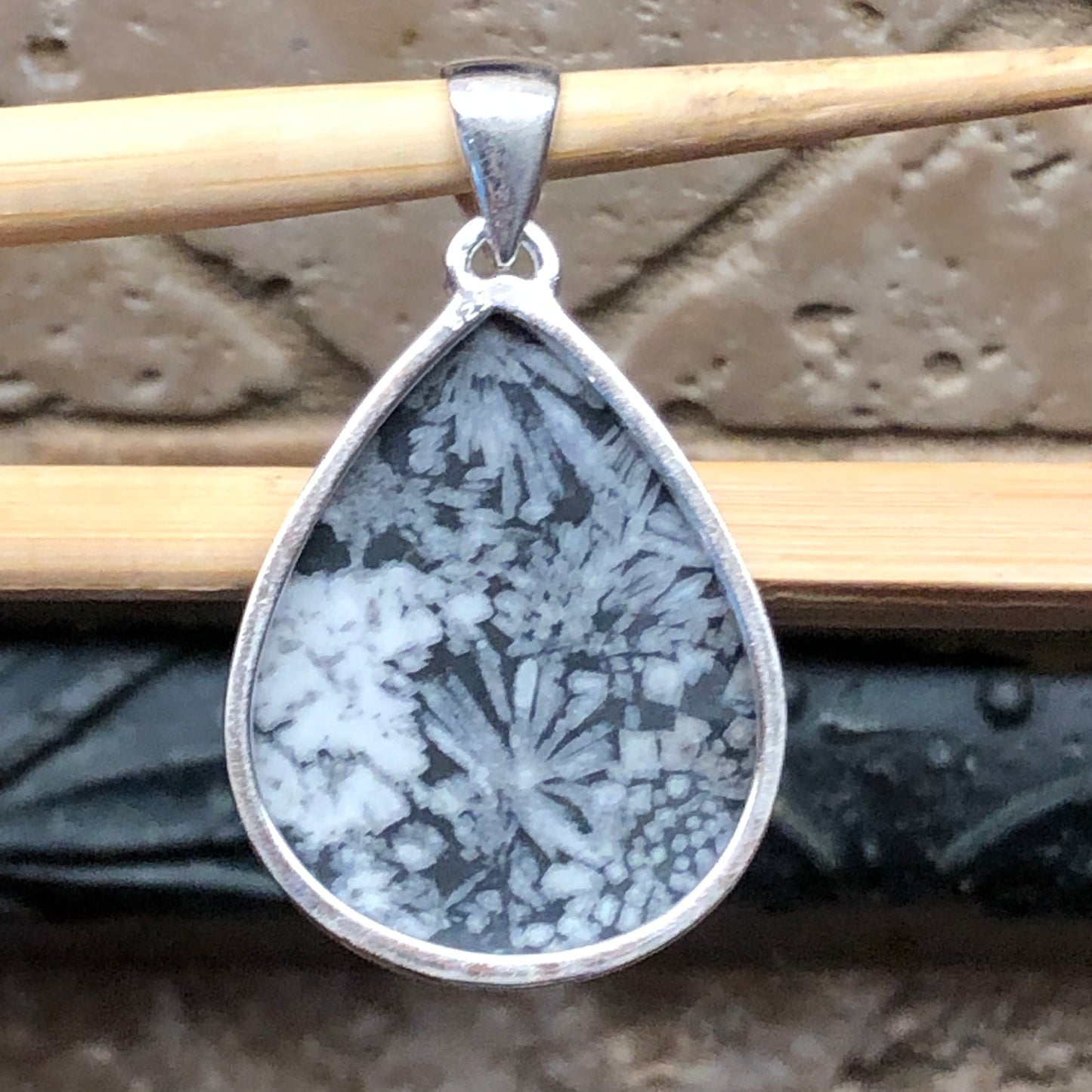 Natural Chrysanthemum 925 Solid Sterling Silver Pendant 40mm - Natural Rocks by Kala
