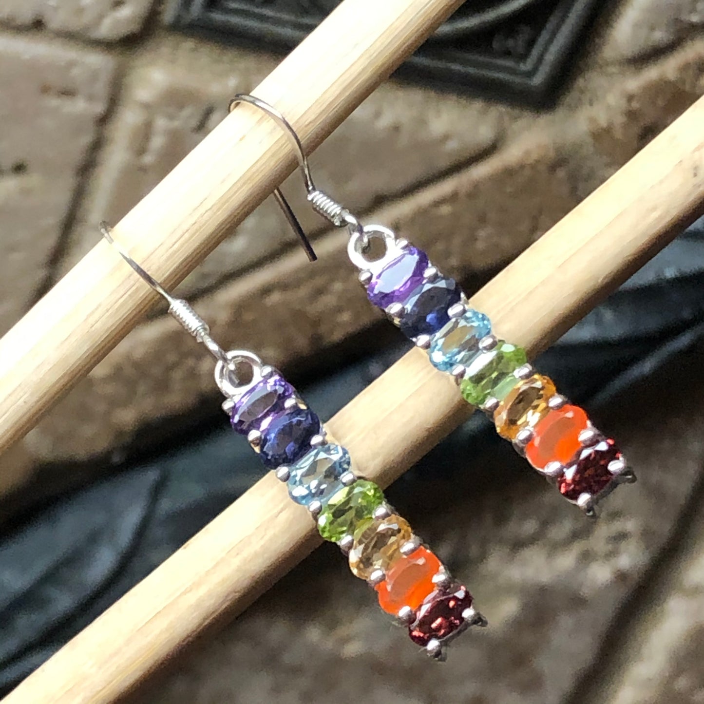 Natural Garnet, Carnelian, Citrine, Peridot 925 Solid Sterling Silver Chakra Earrings 35mm - Natural Rocks by Kala