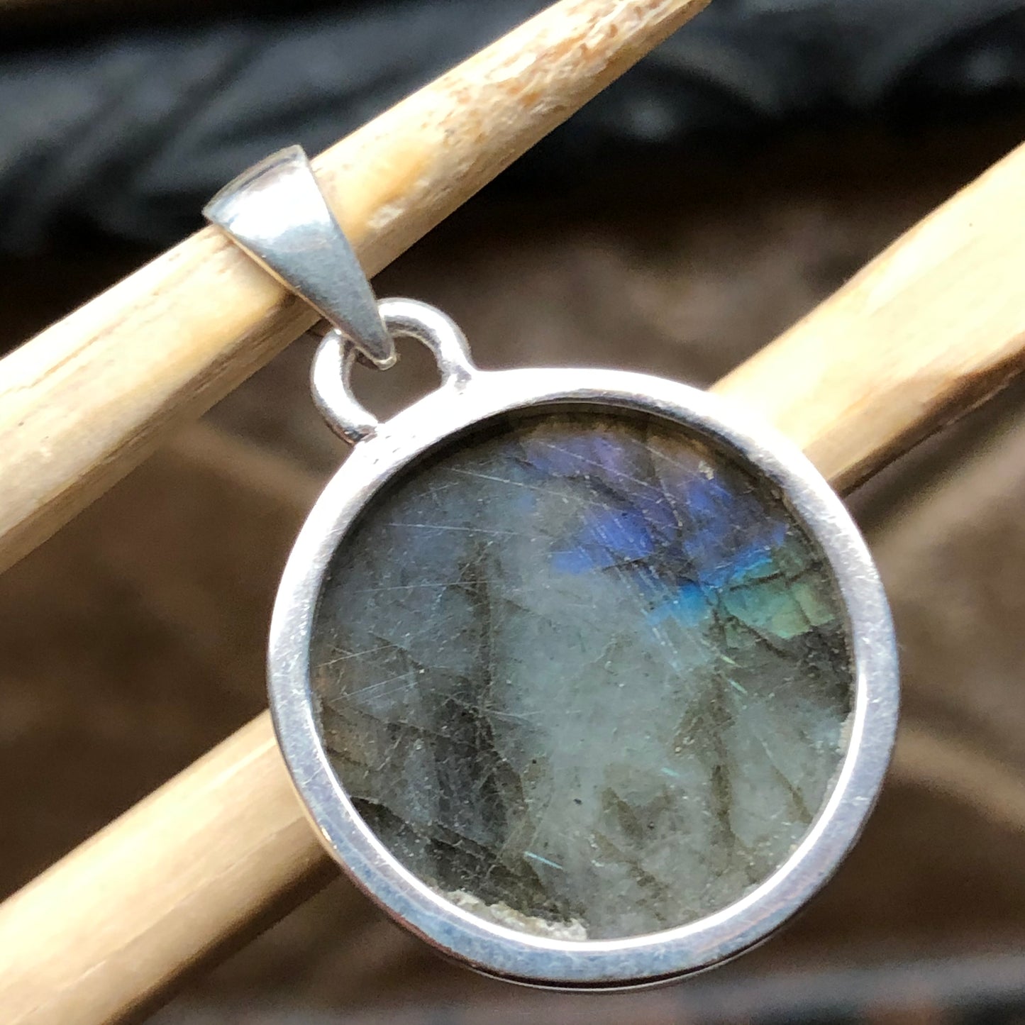 Natural Labradorite 925 Solid Sterling Silver Handcarved Pendant 30mm - Natural Rocks by Kala