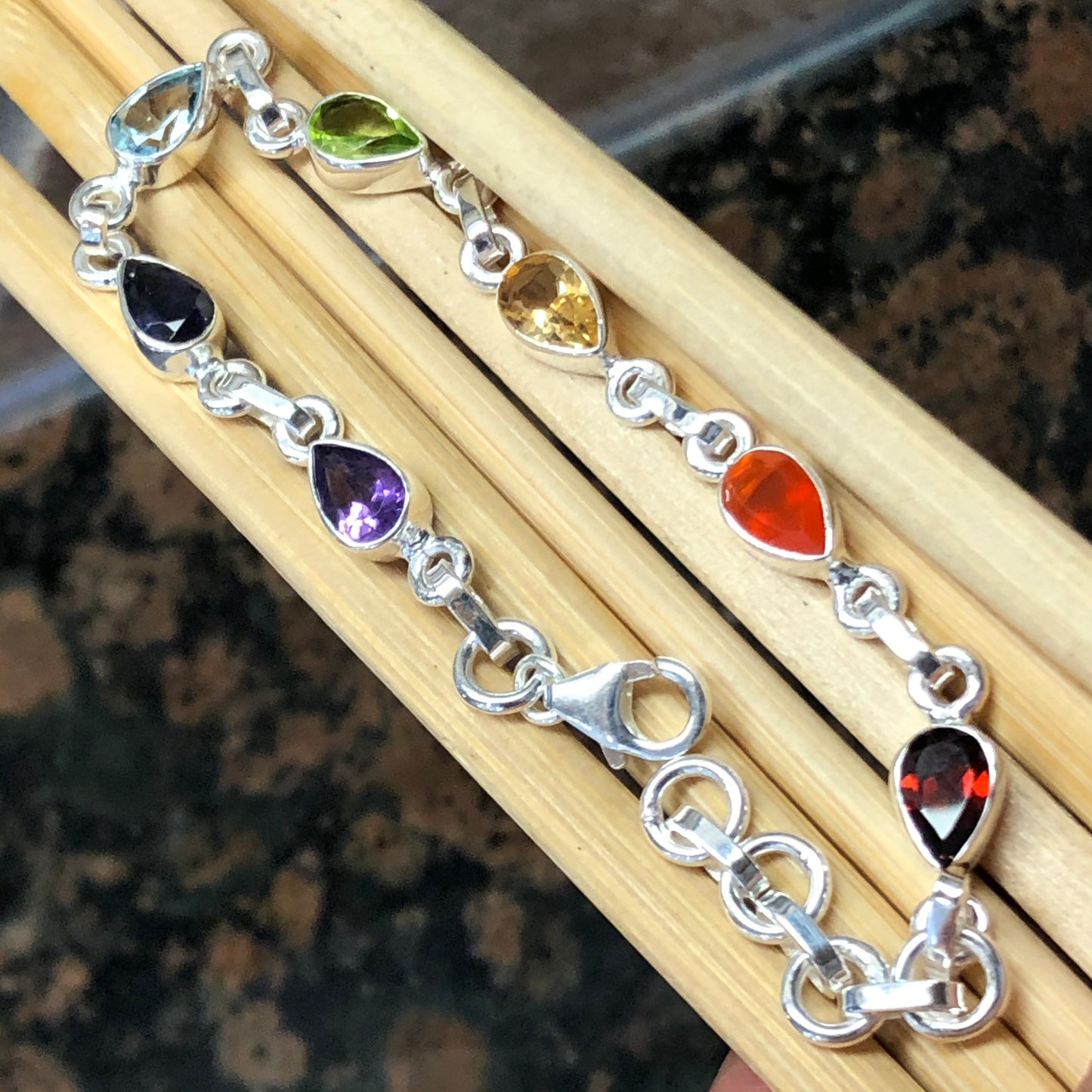 Natural Garnet, Carnelian, Citrine, Peridot 925 Solid Sterling Silver 7-Chakra Bracelet 7" - Natural Rocks by Kala