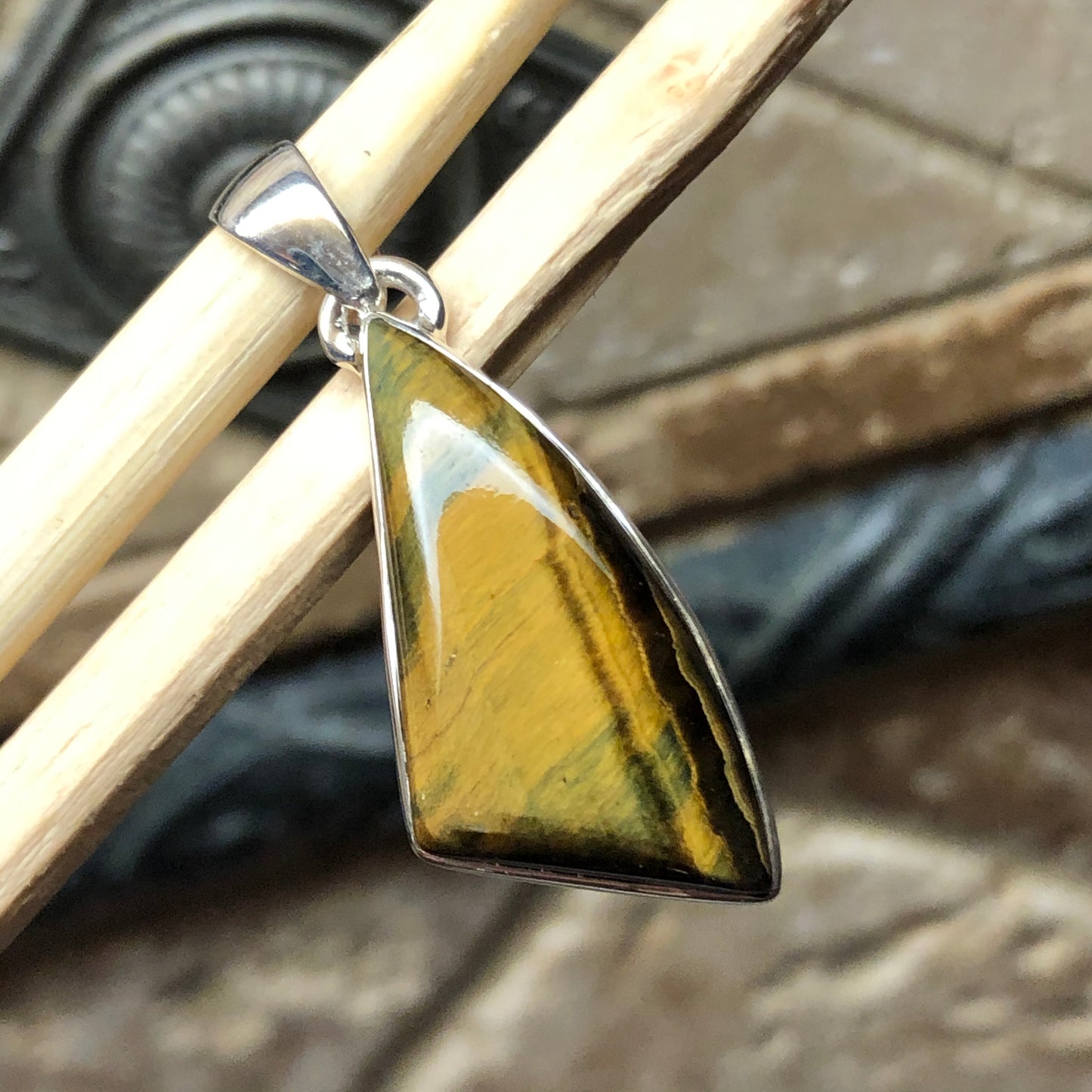 Natural Hawk's Eye 925 Solid Sterling Silver Pendant 35mm - Natural Rocks by Kala