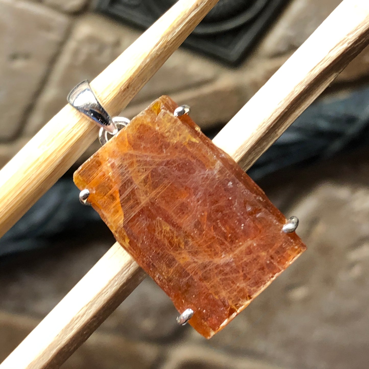 Natural Orange Kyanite 925 Solid Sterling Silver Pendant 30mm - Natural Rocks by Kala