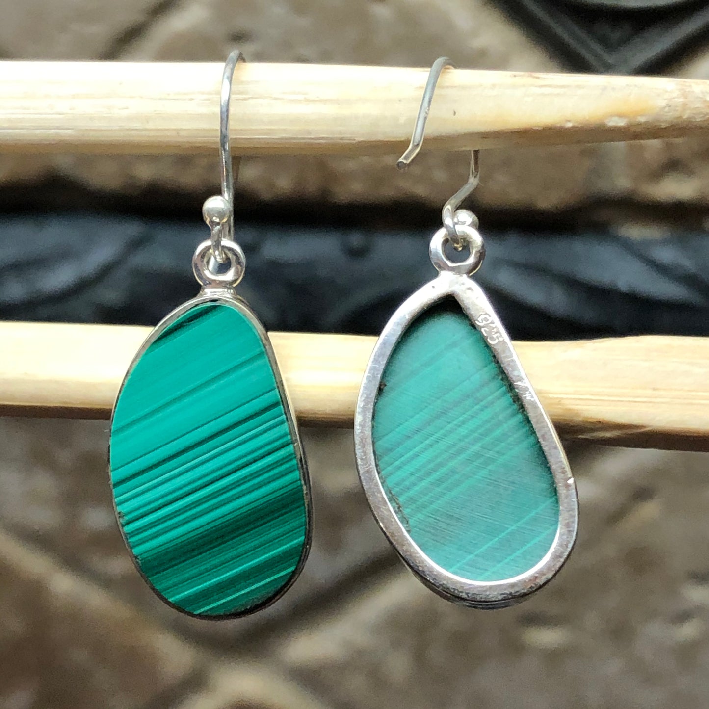Natural Malachite 925 Solid Sterling Silver Earrings 35mm - Natural Rocks by Kala