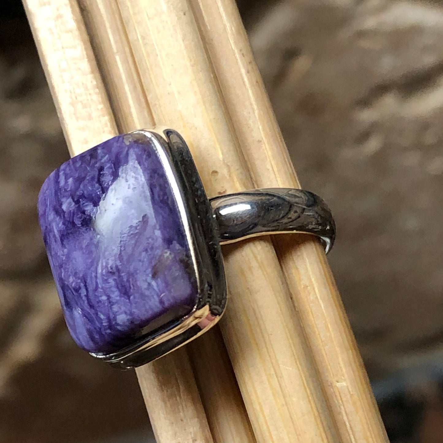 Natural Siberian Charoite 925 Solid Sterling Silver Ring Size 8 - Natural Rocks by Kala