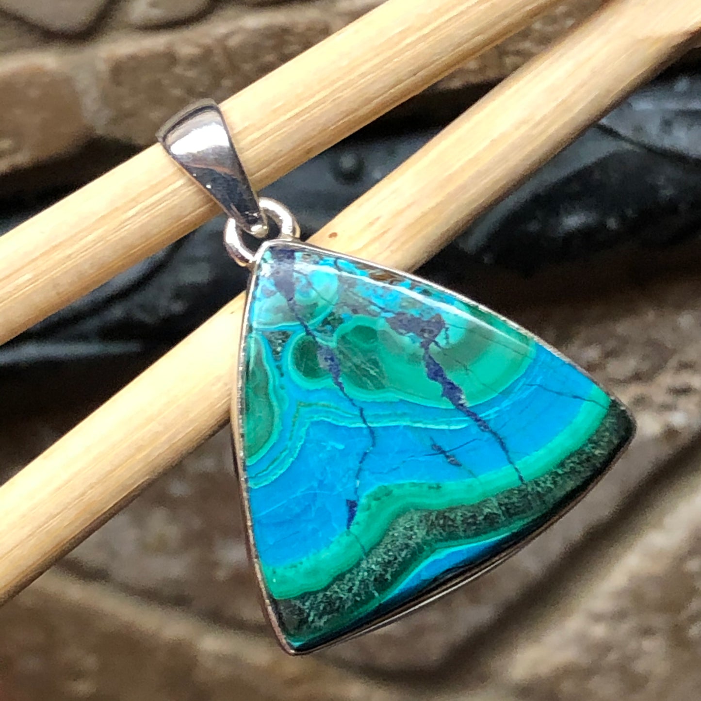 Natural Malachite in Chrysocolla 925 Solid Sterling Silver Pendant 30mm - Natural Rocks by Kala