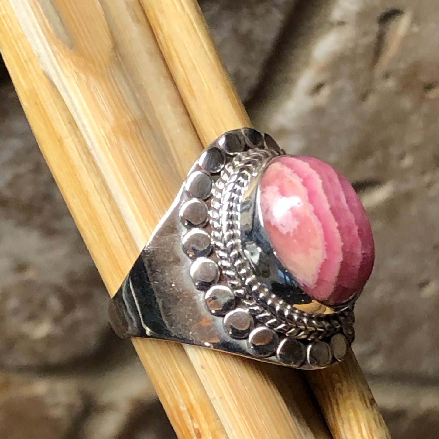 Natural Pink Rhodocrosite 925 Solid Sterling Silver Ring Size 9.5 - Natural Rocks by Kala